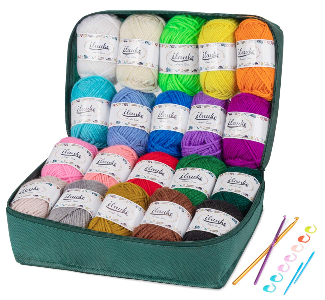 ilauke Acrylic Crochet Yarn Kit - 20 Colors x 30g with Hooks & Bag