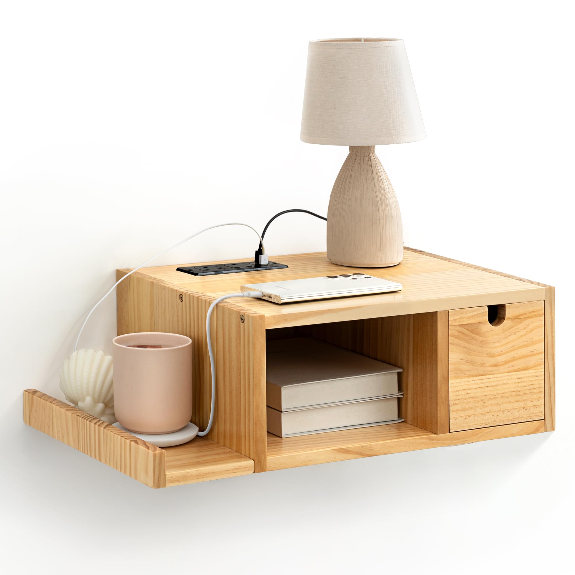 Afuly Floating Nightstand with Charging Station – Solid Wood Bedside Table