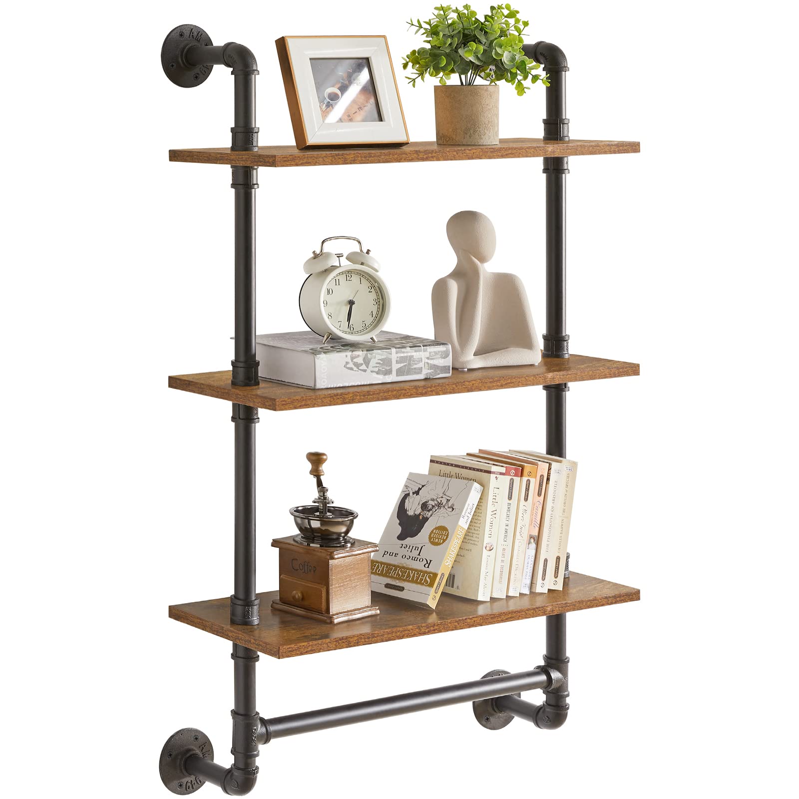 YMYNY 3-Tier Industrial Pipe Wall Mount Shelves | Rustic Wood Bookshelf