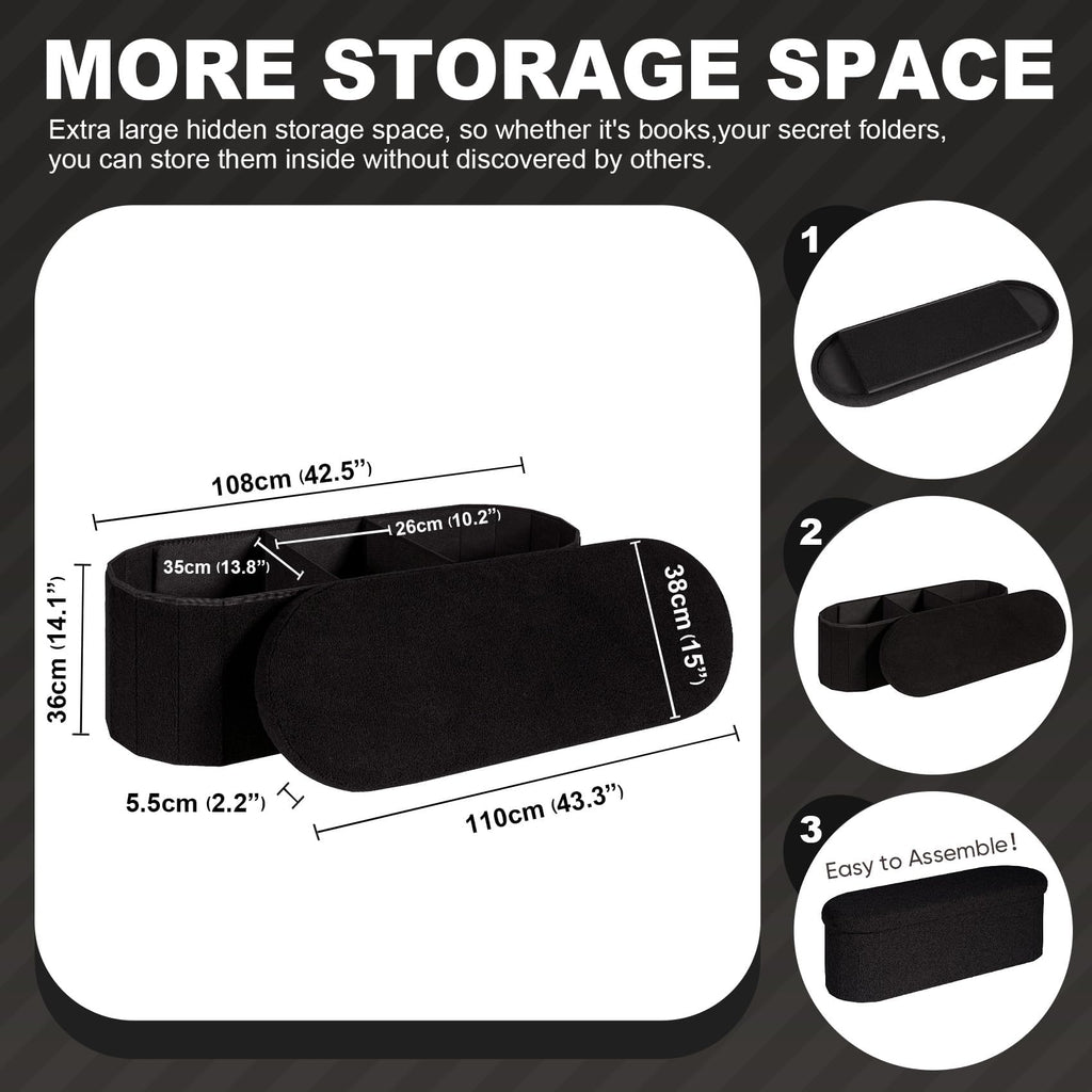PINPLUS Foldable Oval Ottoman Storage Bench, Black, 110x38x38 cm