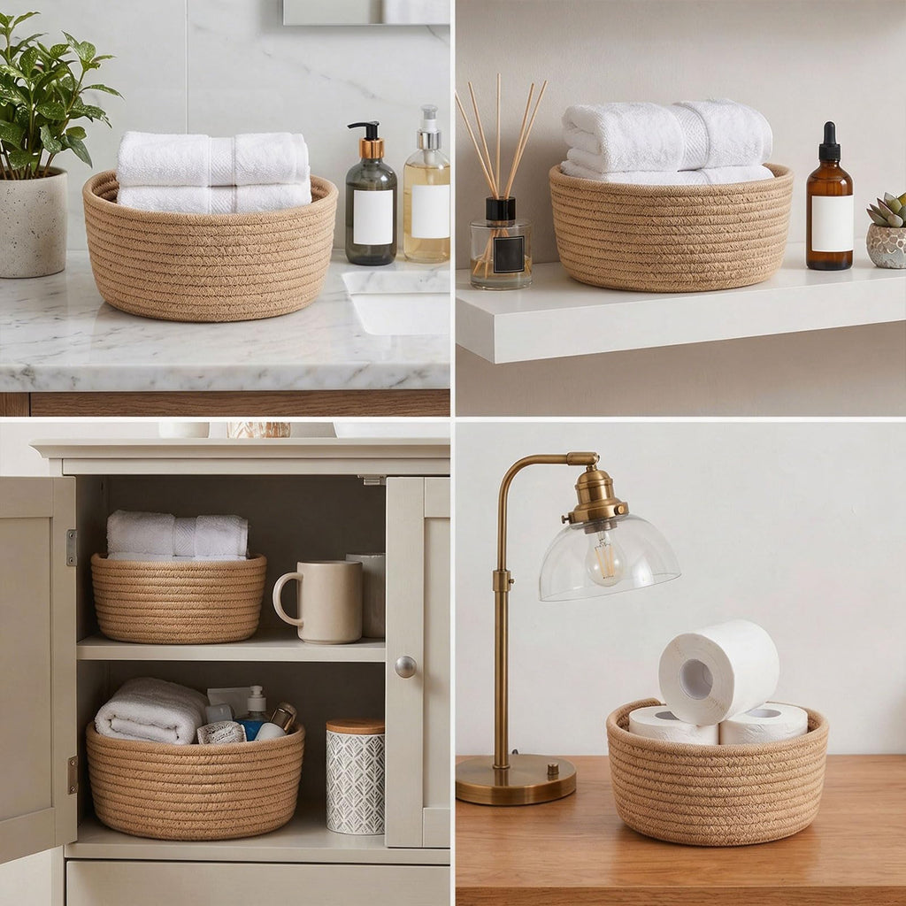 3 Pcs Small Woven Baskets, Cotton Rope Round Organizer for Shelves - image 3