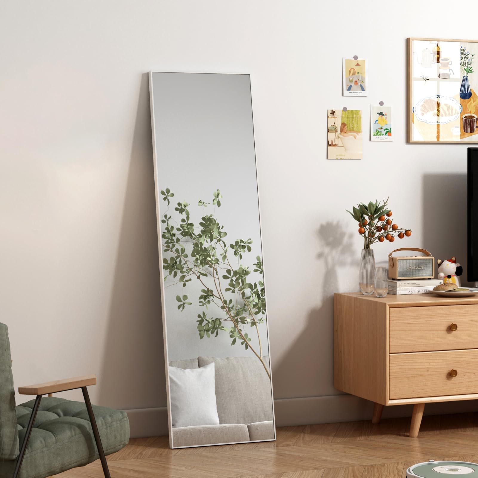 Hoikwo Full Length Mirror – 55x16 Standing or Wall Mounted White Frame