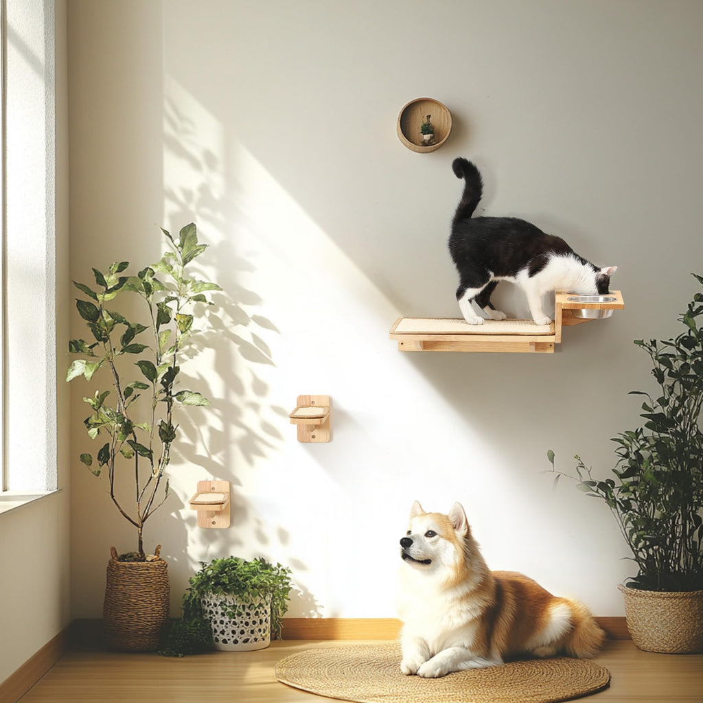 FUKUMARU 3-in-1 Cat Wall Shelves | Solid Wood Perch & Food Station Set