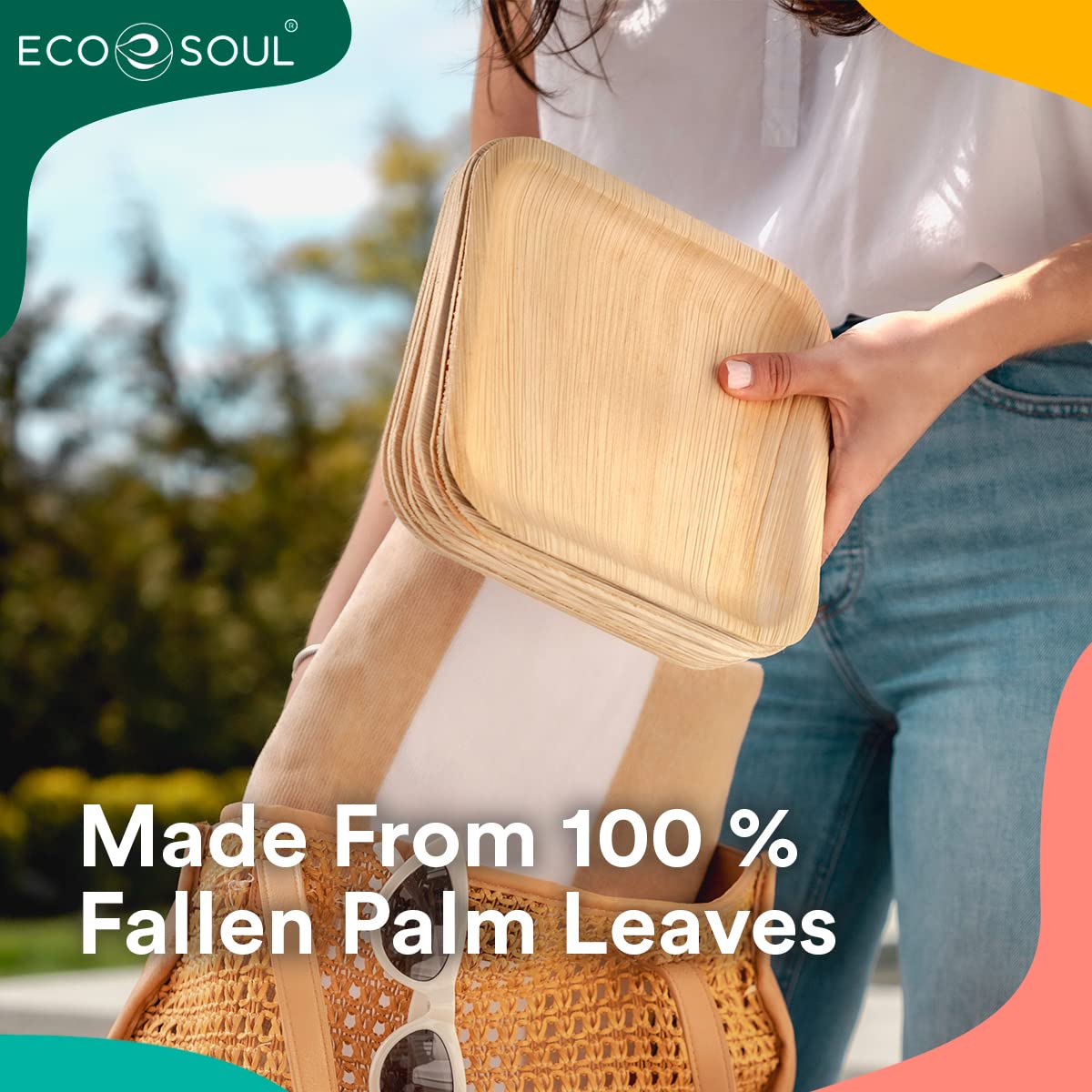 Eco Soul 100-Pack Palm Leaf Plates | 8-Inch Square Compostable Plates