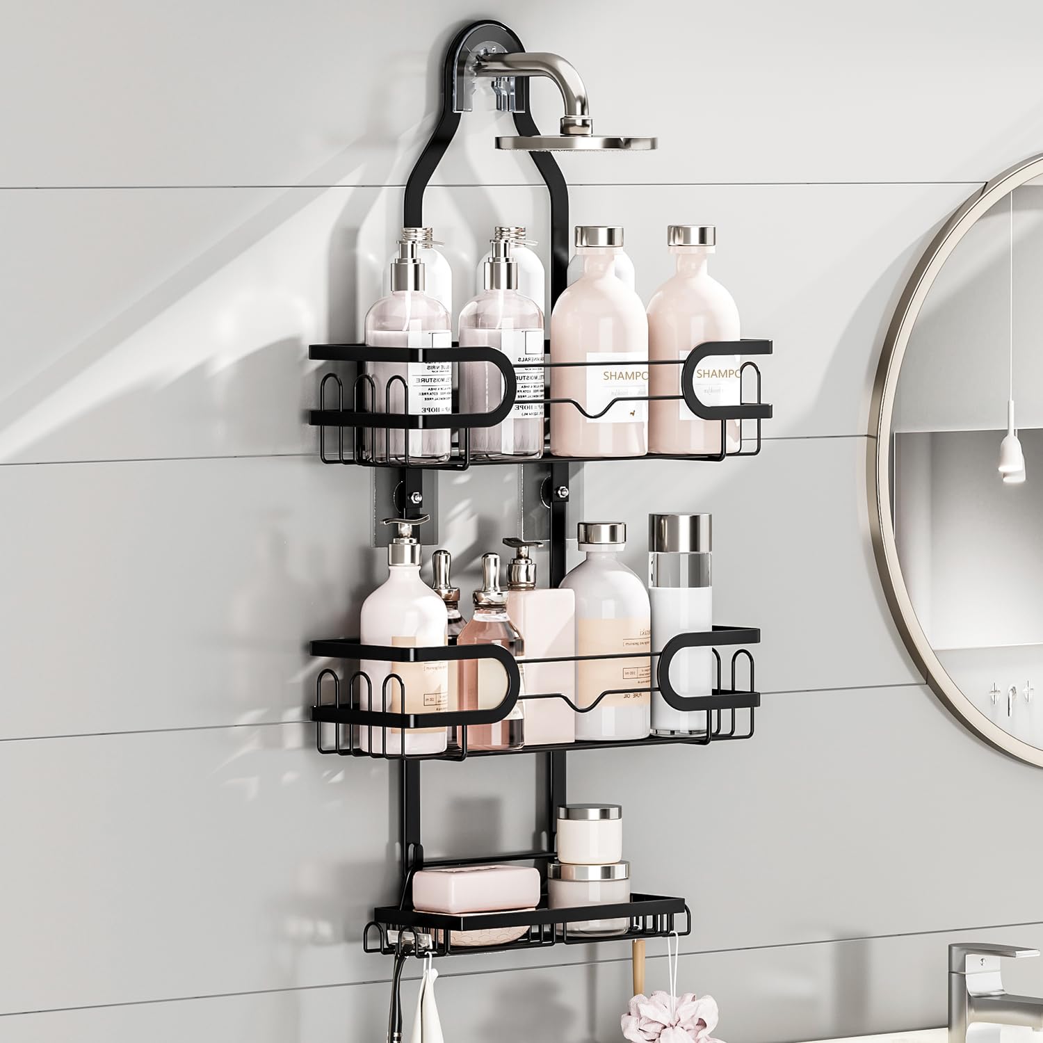FOXWHALE Hanging Shower Caddy – Rustproof No-Drill Shelf with Hooks, Black