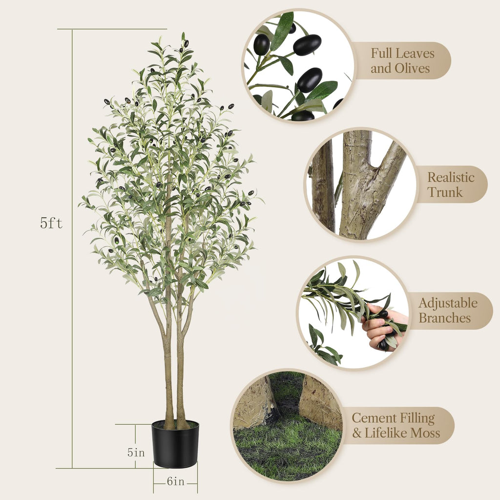 Alupssuc 5FT Artificial Olive Tree | Lifelike Faux Silk Floor Plant
