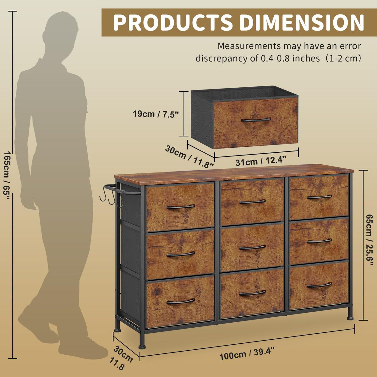 Chest of Drawers 9-Drawer Storage Unit Bedroom Rustic Brown100x30x65cm