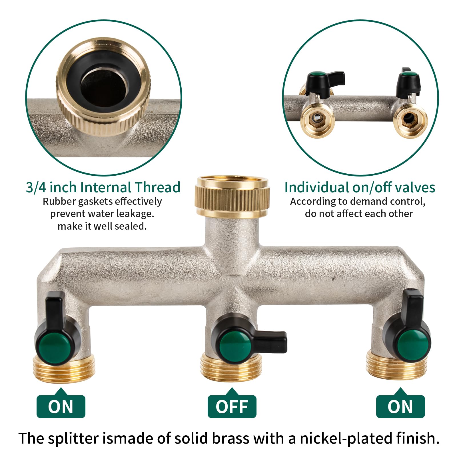 Tesmotor 4-Way Brass Garden Hose Tap Splitter | 3/4 Inch Heavy-Duty Valve