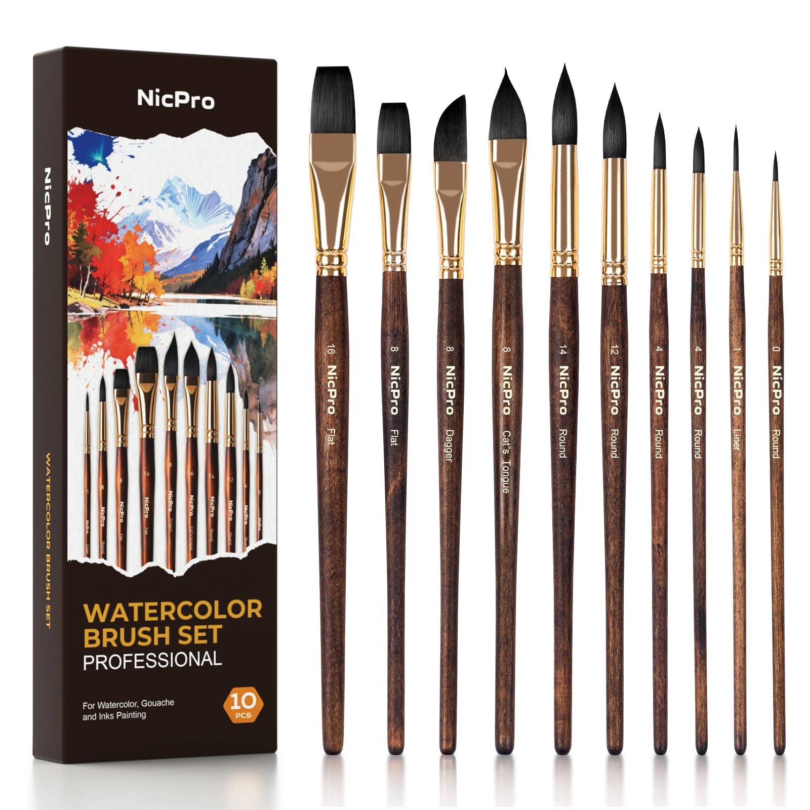 Nicpro 10Pcs Watercolor Brush Set | Synthetic Squirrel Hair for Artists