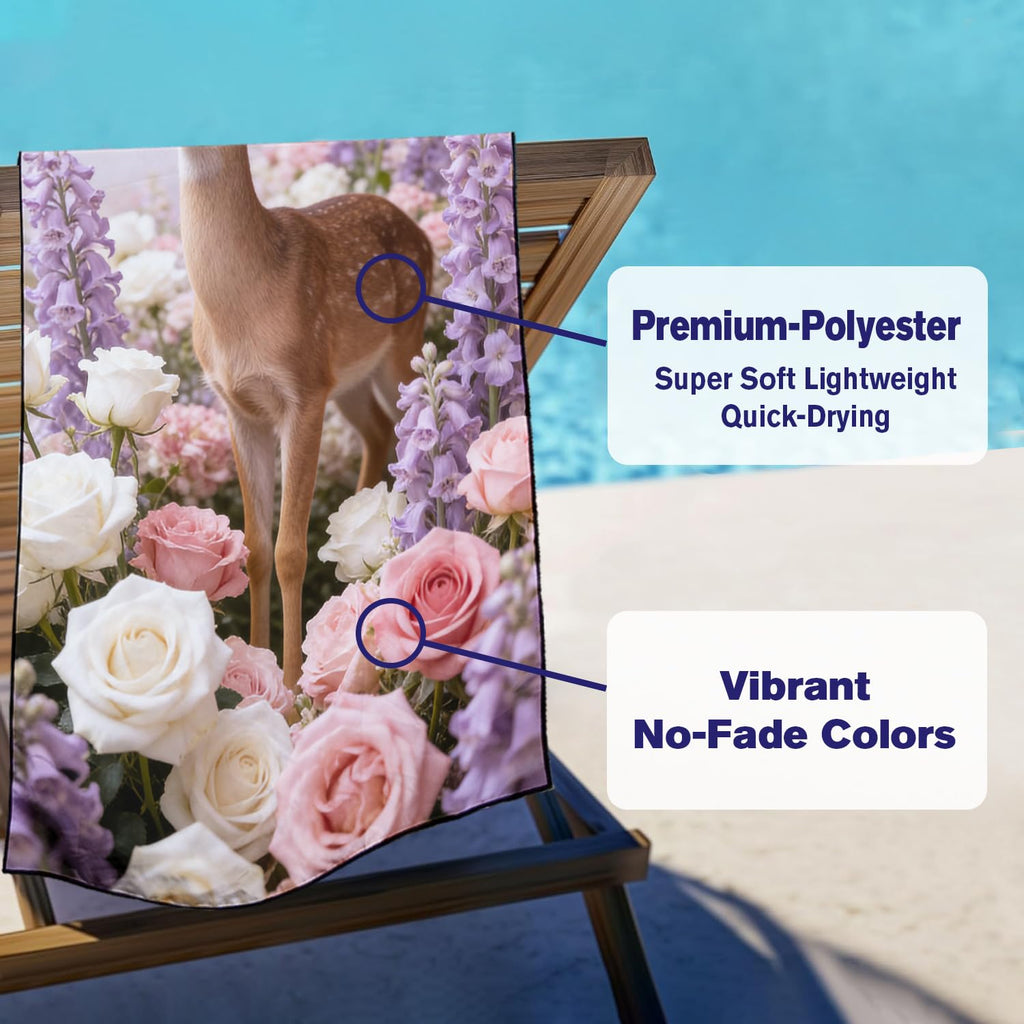 Violetpos Deer in Roses & Larkspur Beach Towel, Extra Large 180x90 cm 250GSM Microfibre, Sand Free Quick Dry - image 3