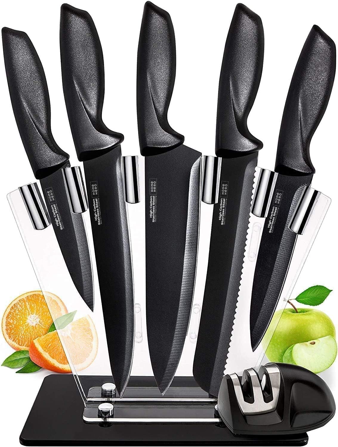 Home Hero 7-Piece Stainless Steel Kitchen Knife Set with Black Block