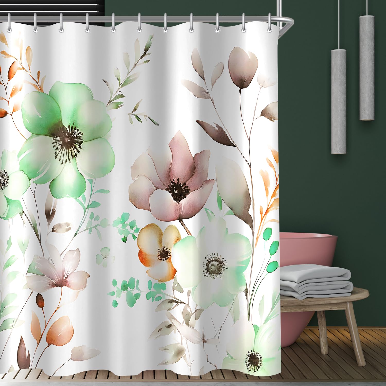 Lerores Floral Shower Curtain – Anti-Mould Washable Polyester, 100x200cm