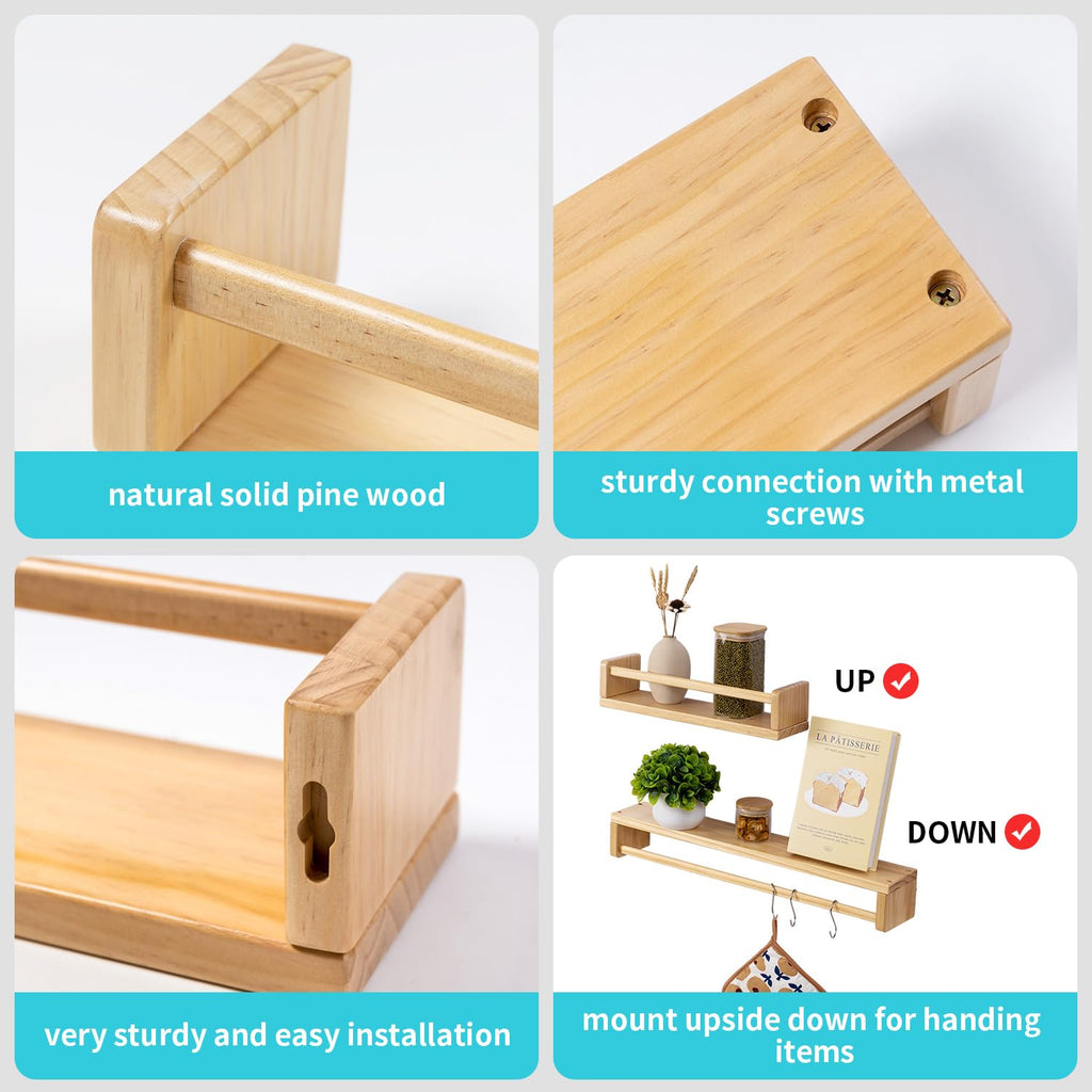 Gieanoo Nursery Floating Shelves – Set of 4 Solid Pine Wood Wall Bookshelves