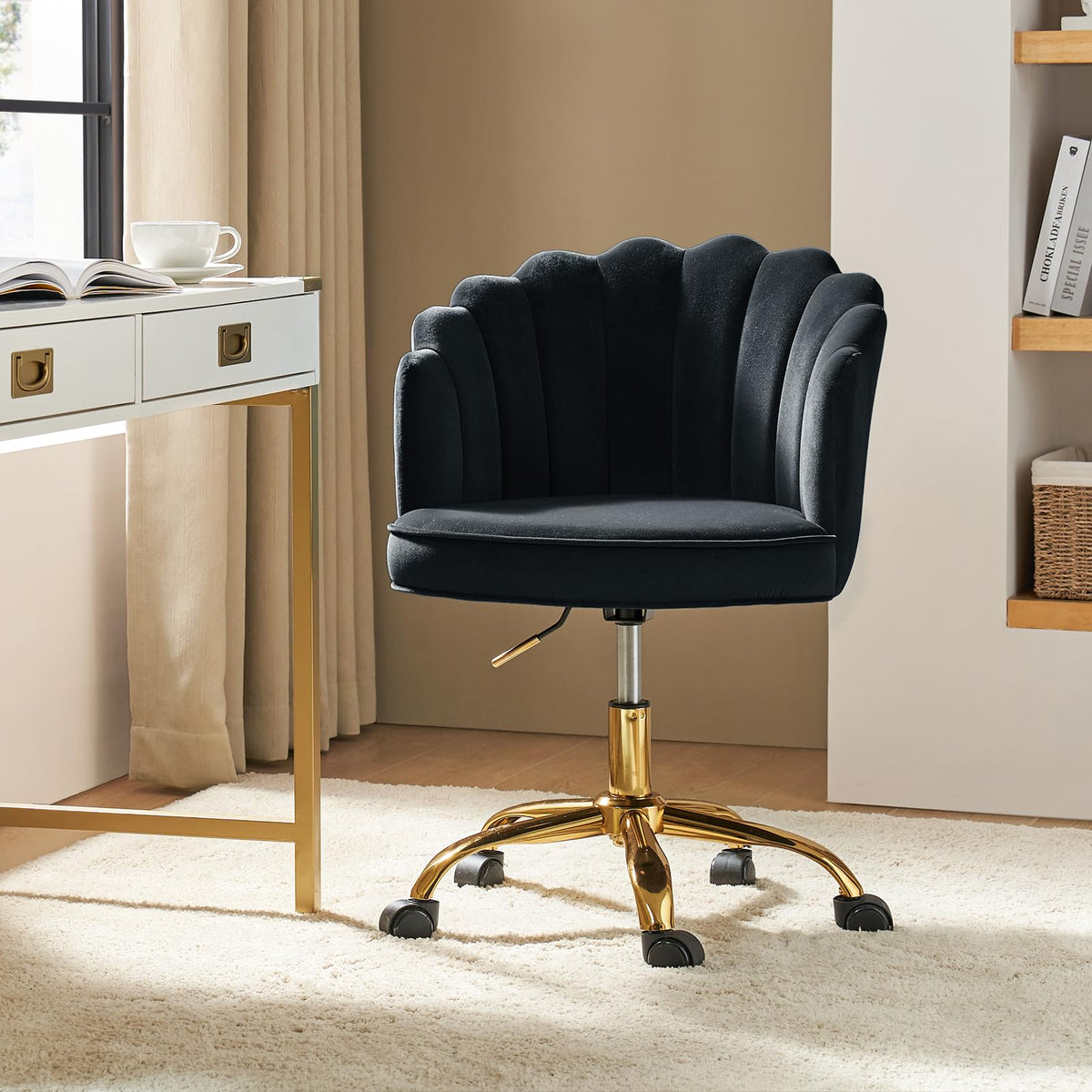 HULALA HOME Swivel Desk Chair with Gold Base and Scalloped Backrest, Black - image 1