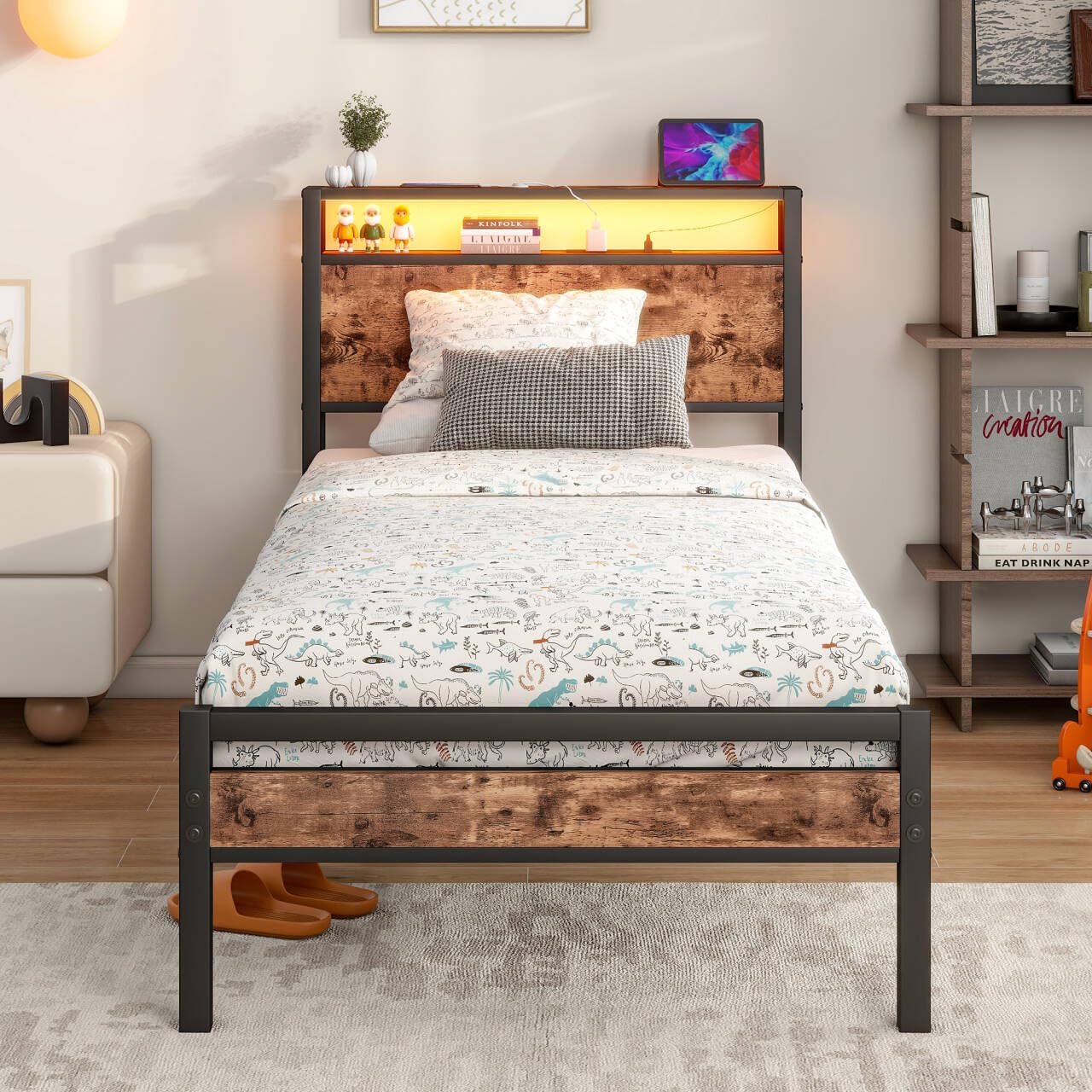 BORPHOM Single Bed Frame with Storage Headboard, LED Lights & USB Ports