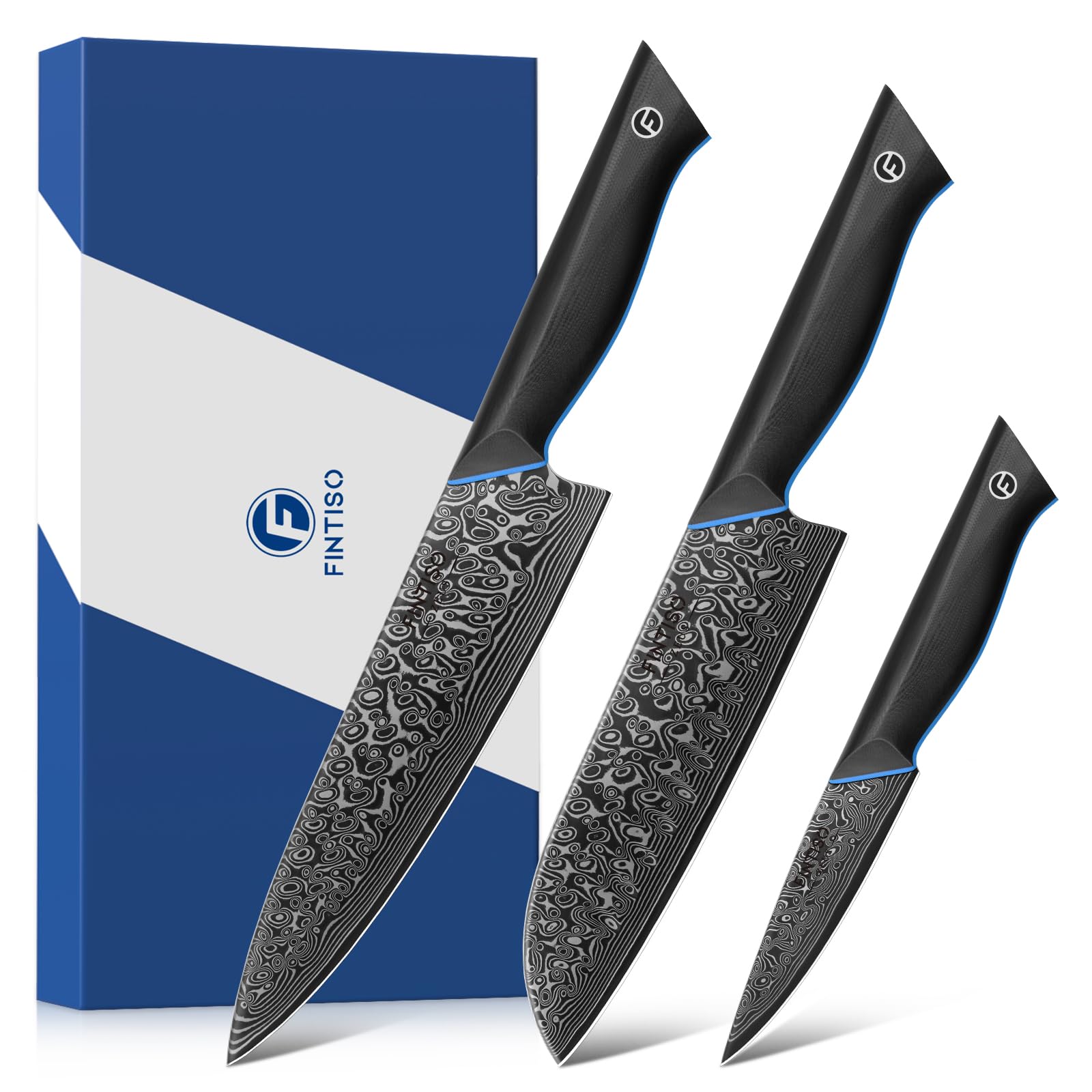 FINTISO 3-Piece Damascus Kitchen Knife Set | 67-Layer G10 Handle