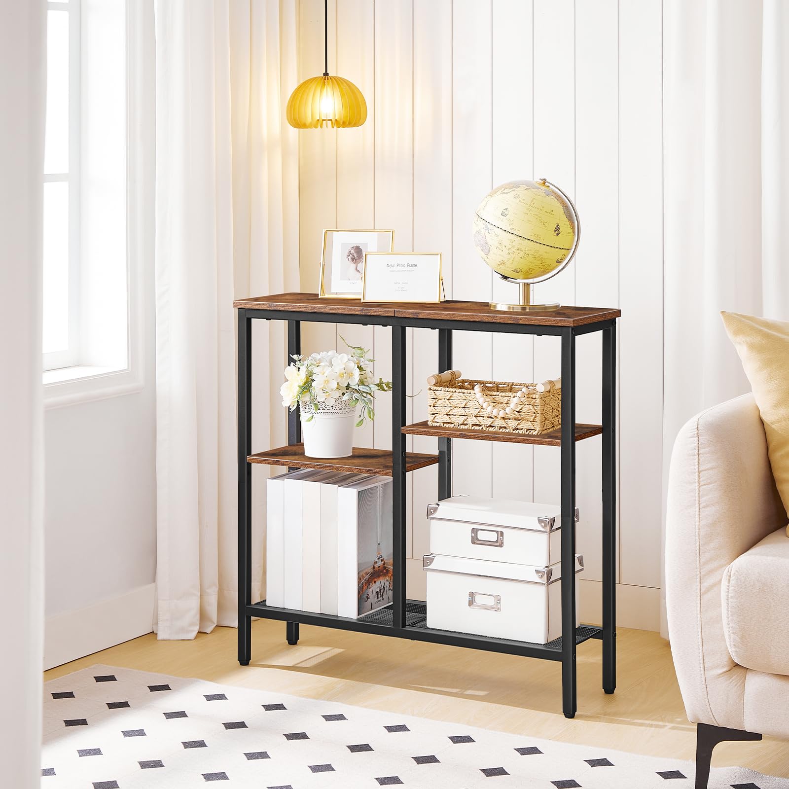 HOOBRO Narrow Console Table – 4-Tier Industrial Sofa Table, Rustic Brown