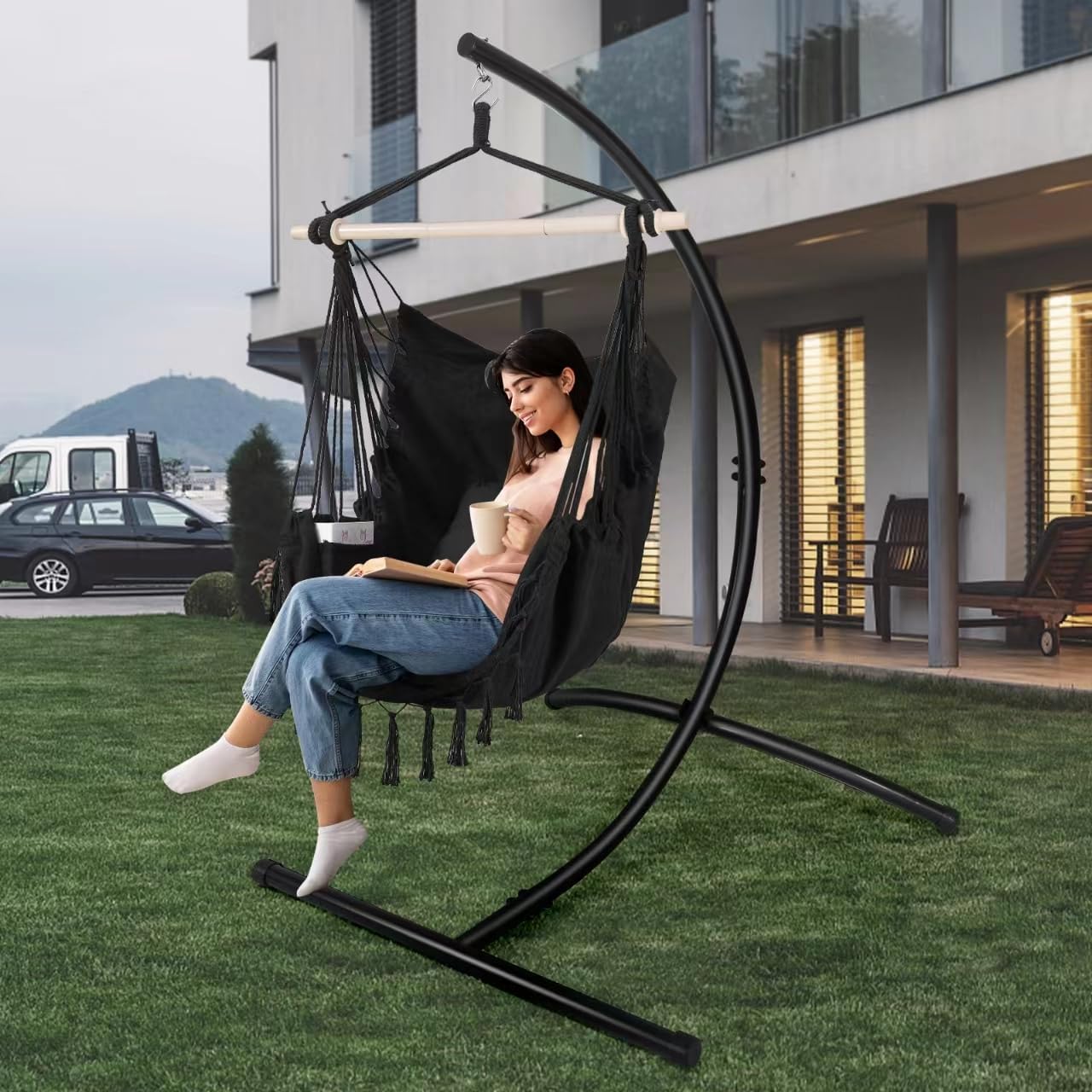 GOUTIME C-Shape Hammock Chair Stand | Heavy Duty Steel Swing Frame