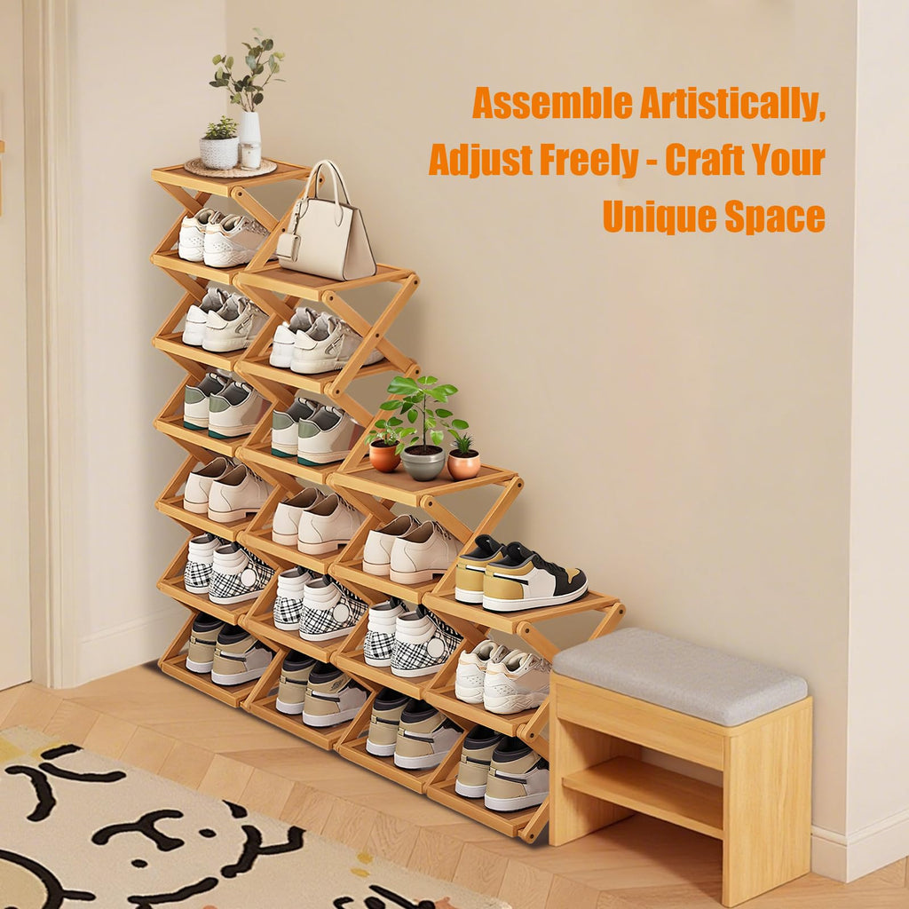 YYW Shoe Rack, Foldable Shoes Organizer Free Standing Shelf for Entryway, Closet, Hallway, Foldable X Shape Multi Tier Shoe Rack Wood Color,7 Layers - image 3