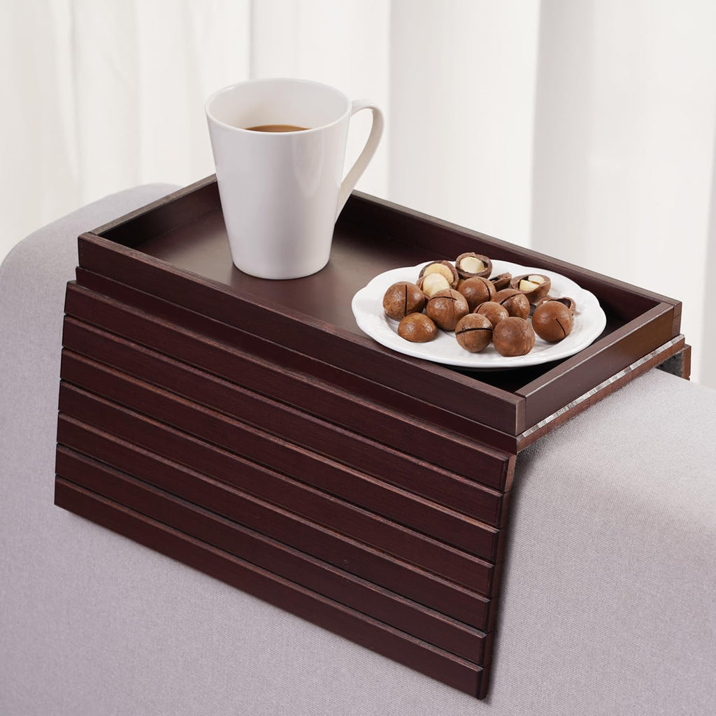 GEHE Bamboo Sofa Arm Tray Table | Foldable Couch Cup Holder – Mahogany
