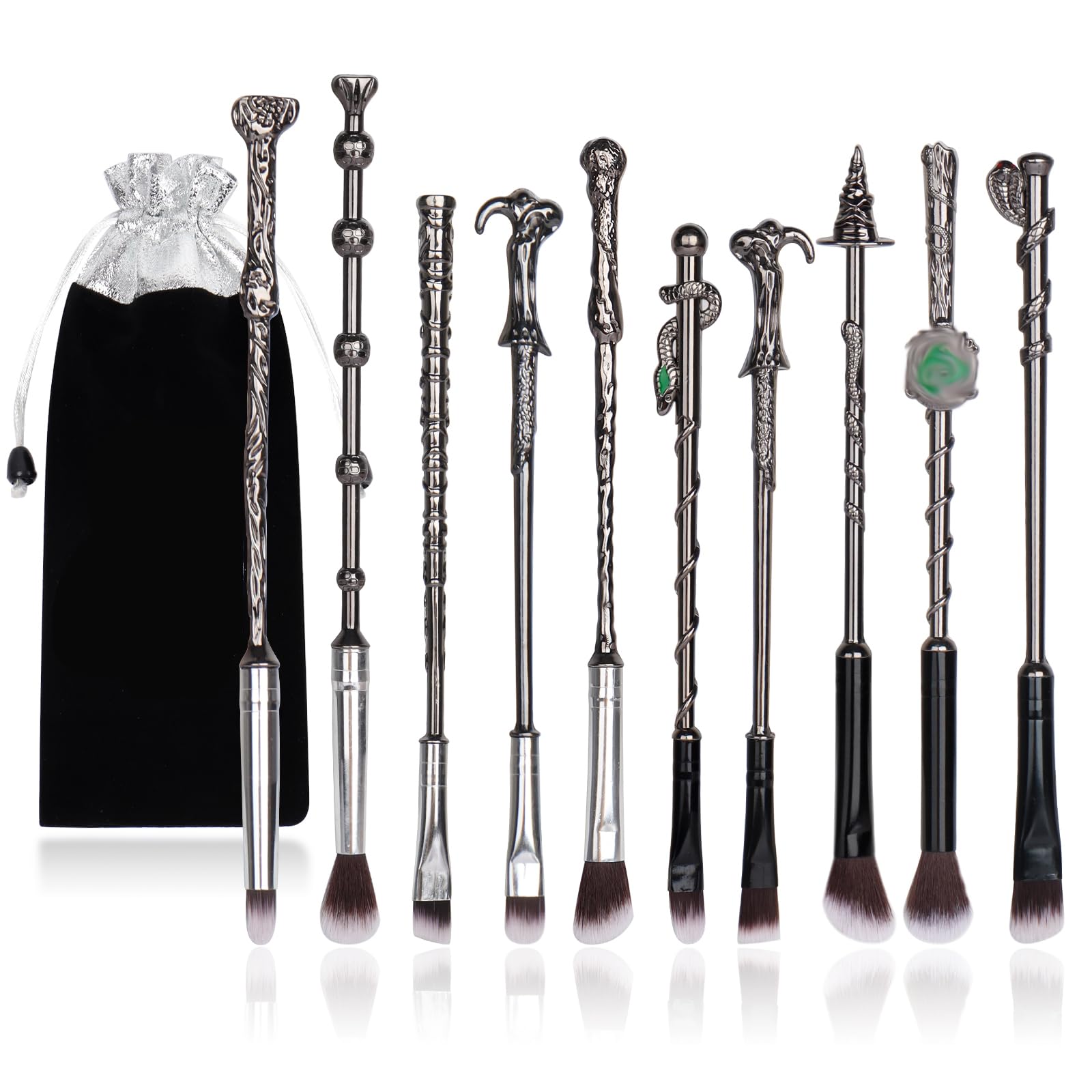 Wizard Makeup Brushes – 10Pc Silver Metal Wand Set with Bag