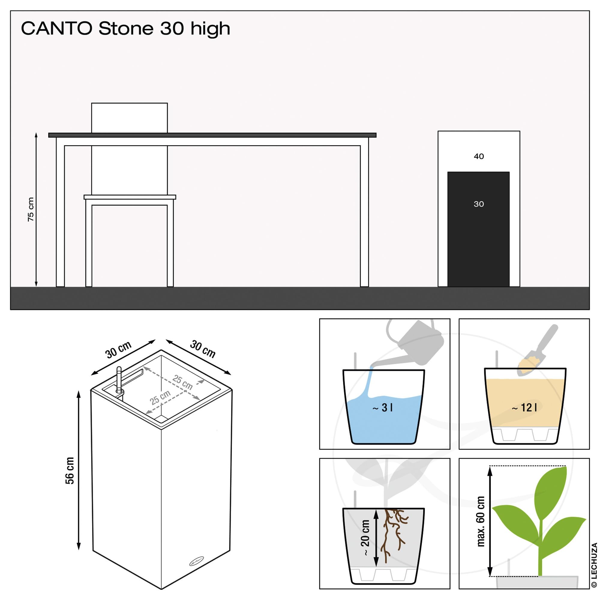 Lechuza CANTO Stone 30 High Self-Watering LED Plant Pot | Sand Beige