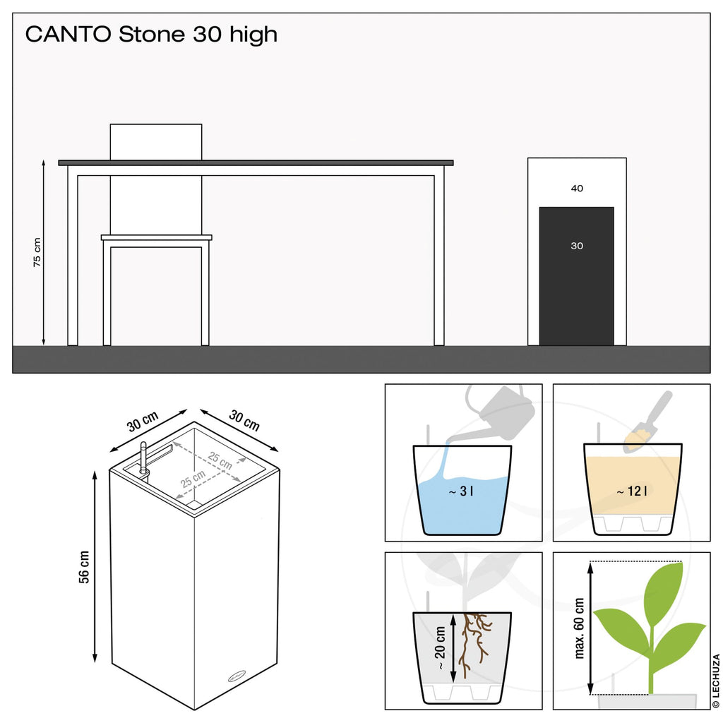 Lechuza CANTO Stone 30 High Self-Watering LED Planter | Graphite Black