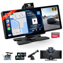 TECXERLLON 10.26'' Wireless Carplay Screen | 4K Dash Cam & GPS