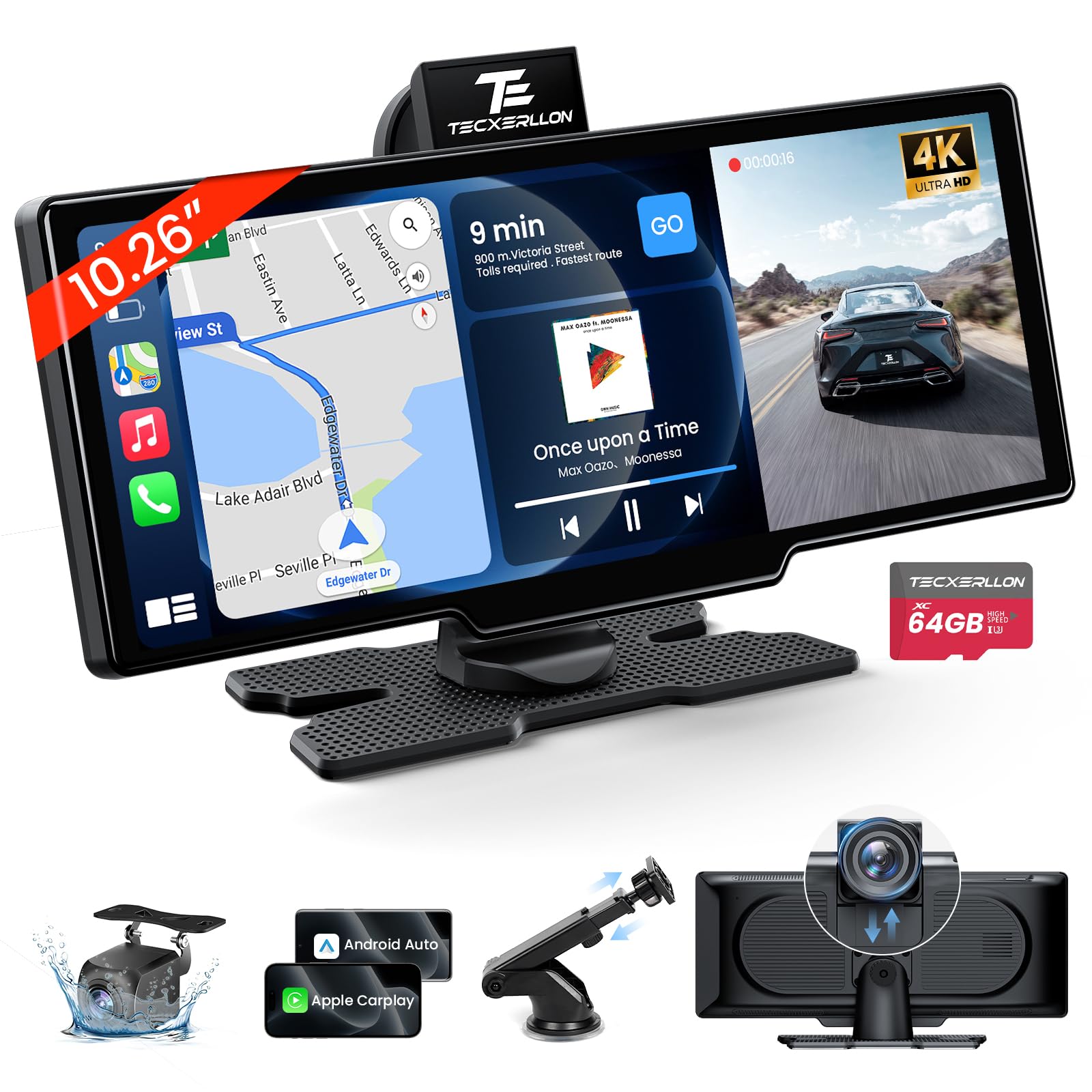 TECXERLLON 10.26'' Wireless Carplay Screen | 4K Dash Cam & GPS