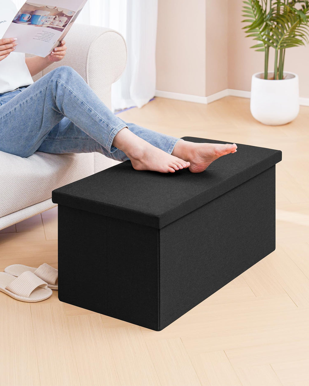 Bonlife Large Storage Ottoman Bench, Foldable Footstool with Tray - image 5
