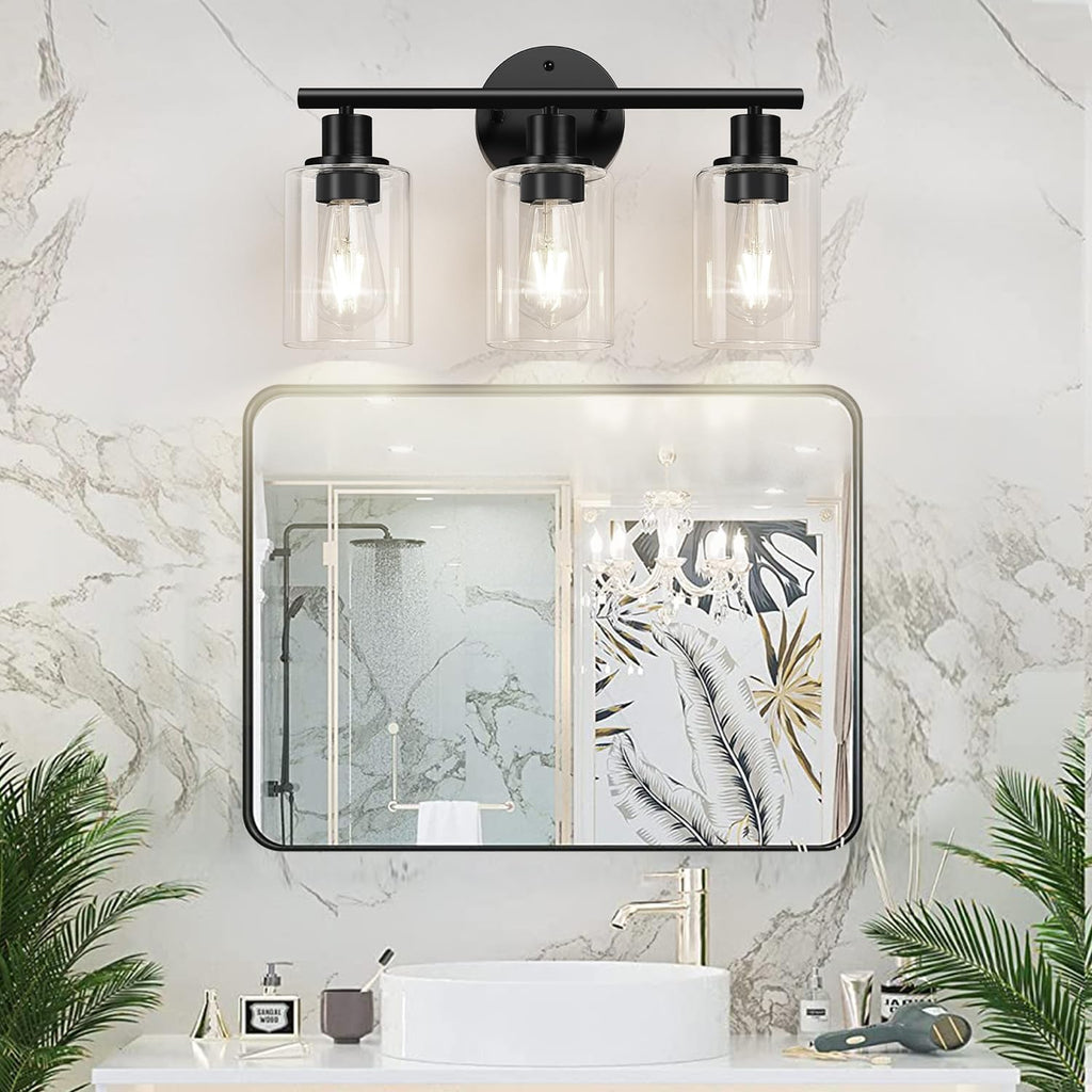 ZASTION 3-Light Black Bathroom Vanity Light with Clear Glass Shade