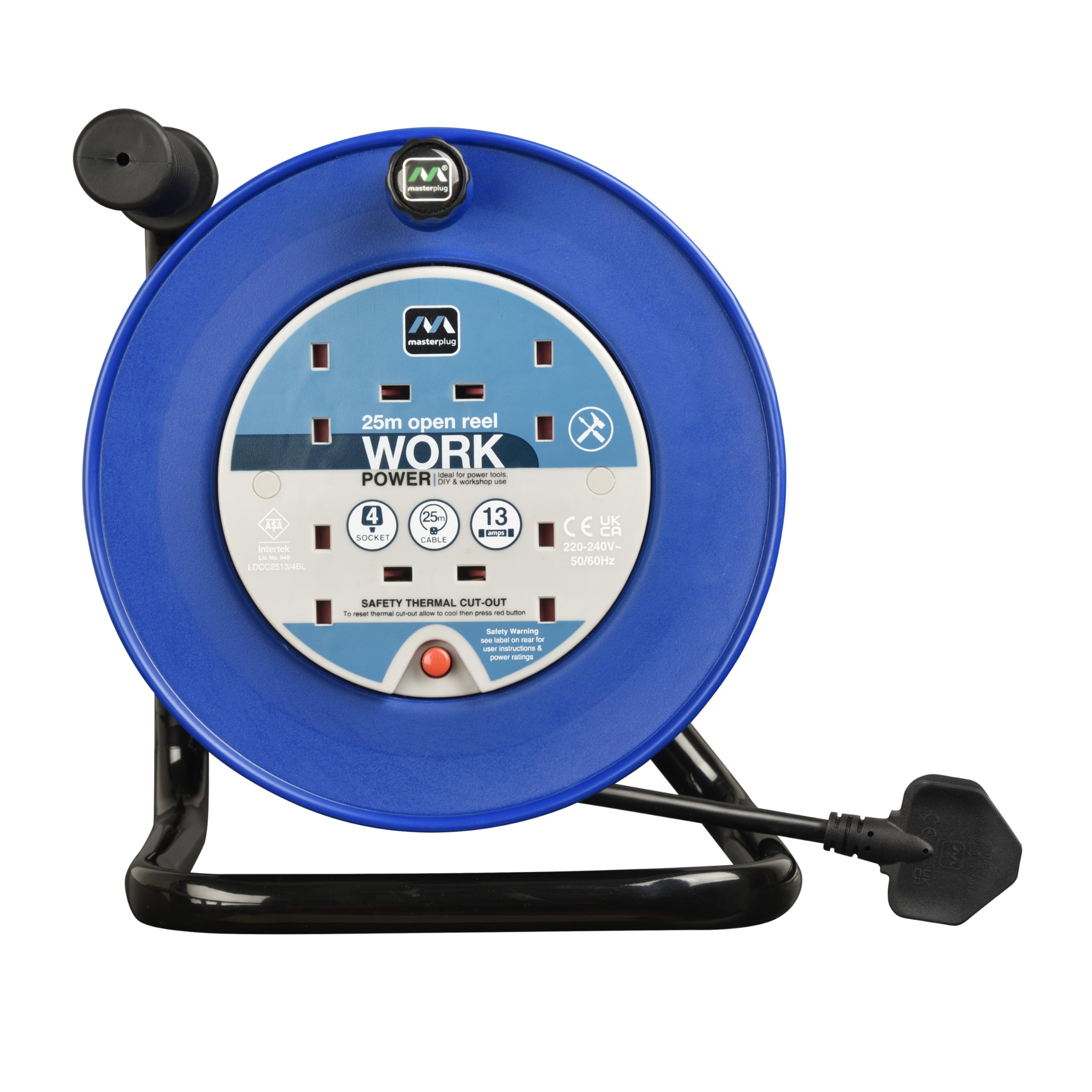 Masterplug 25m Open Cable Reel – Heavy Duty 4 Socket Extension Lead