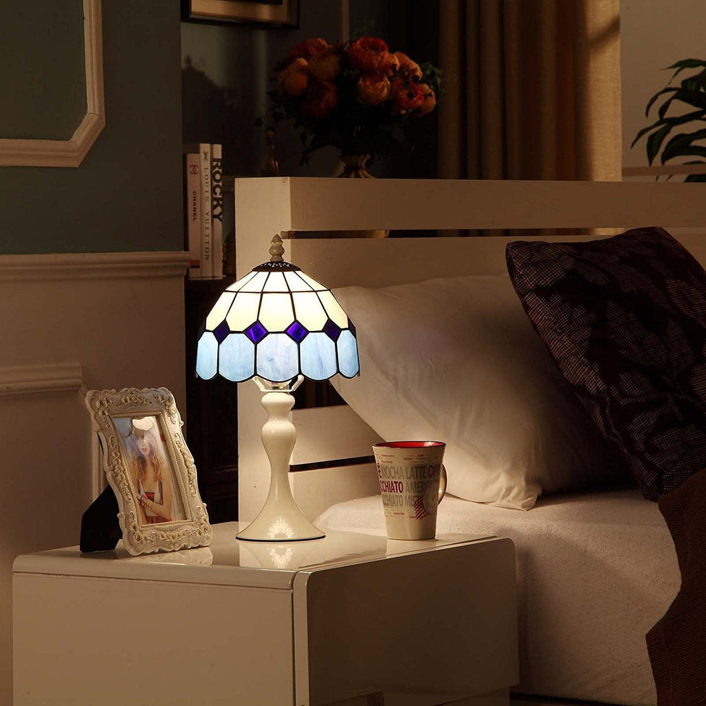 Bieye Mediterranean Tiffany Style Stained Glass Table Lamp - 8" Blue Shade