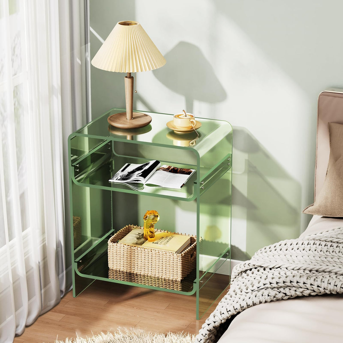 Acrylic End Table with Storage Shelf, Clear Side Table, Record Player Table, Nightstand, 15.7x19.7x11.8 Green, 40×30×50 cm - image 5