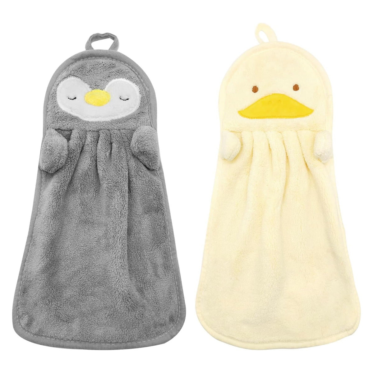 JinliangGuo 2Pcs Comfortable Animals Hand Towels Breathable Hanging Hand Towels Soft Coral Absorbent Washcloth for Kitchen and Bathroom Yellow Gray