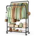 EAGMAK Heavy Duty Clothes Rail Load 378 kg, Double Rods Clothing Rails on Wheels, Height Adjustable Hanging Rack with Shelves & Coat Hooks