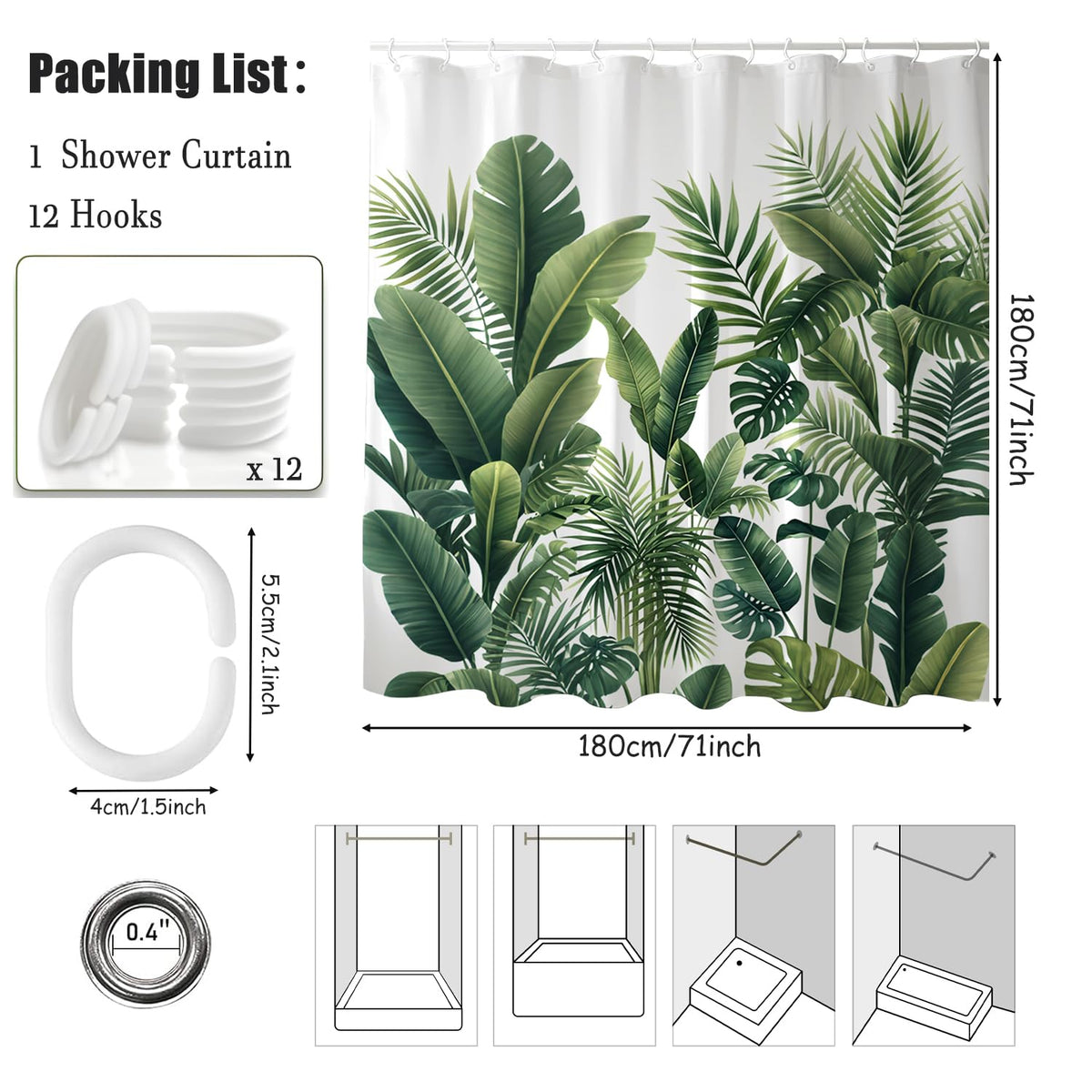 WYRCFS Shower Curtain 180x180cm Green Palm Leaves Mould Proof Waterproof - image 3