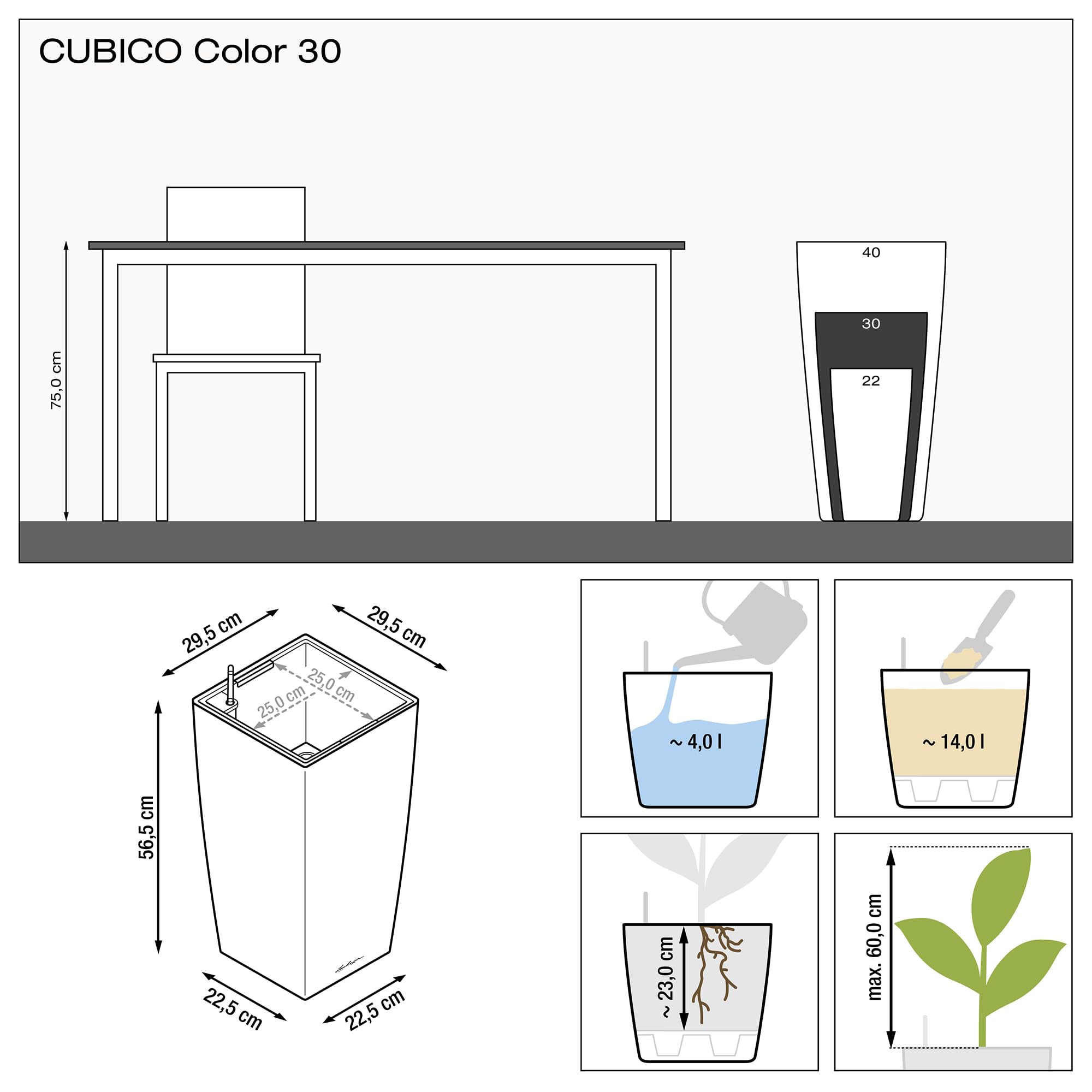 Lechuza CUBICO Color 30 Self-Watering Planter | Nutmeg Matte Plastic