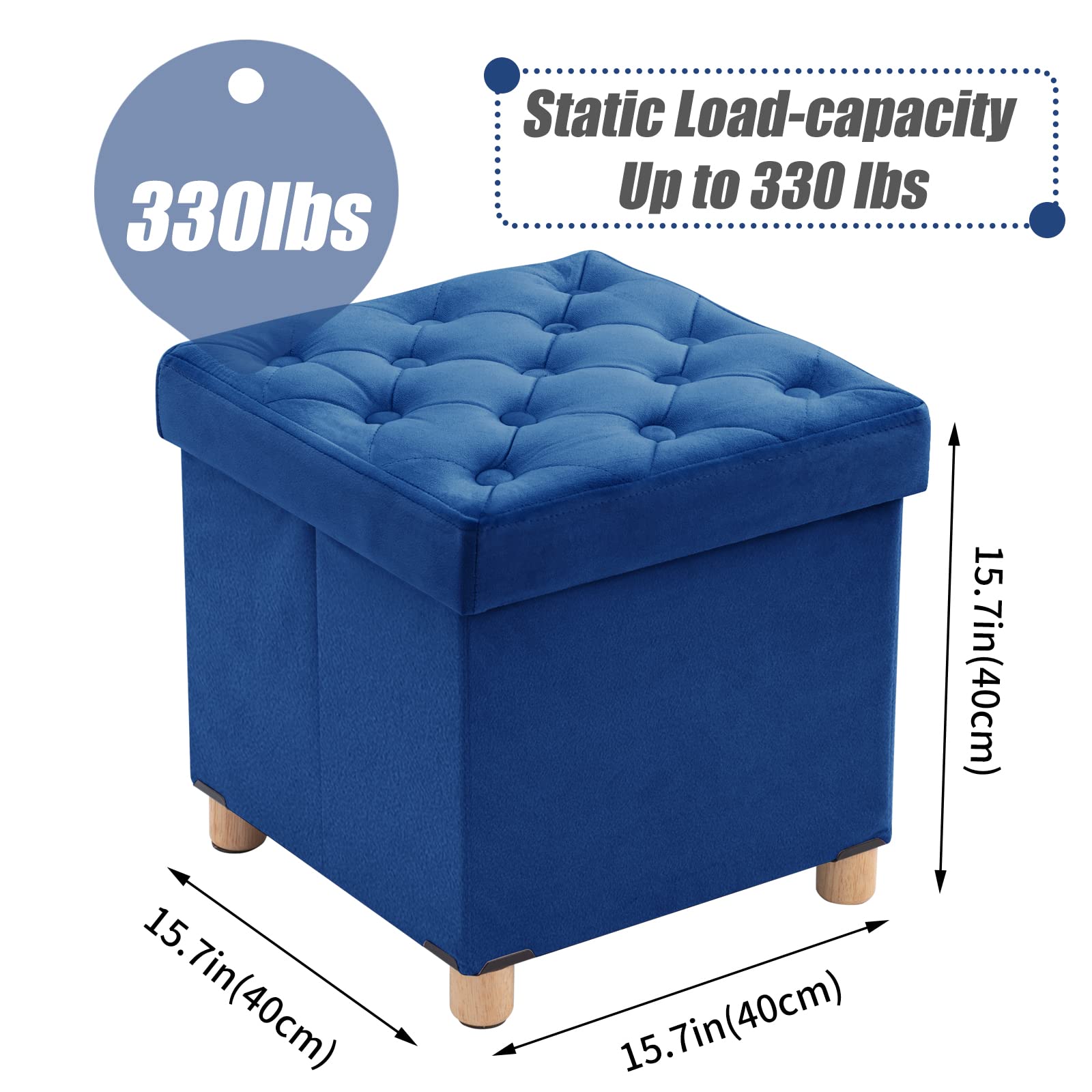 BRIAN & DANY Folding Storage Ottoman | Velvet Cube Footstool – Blue