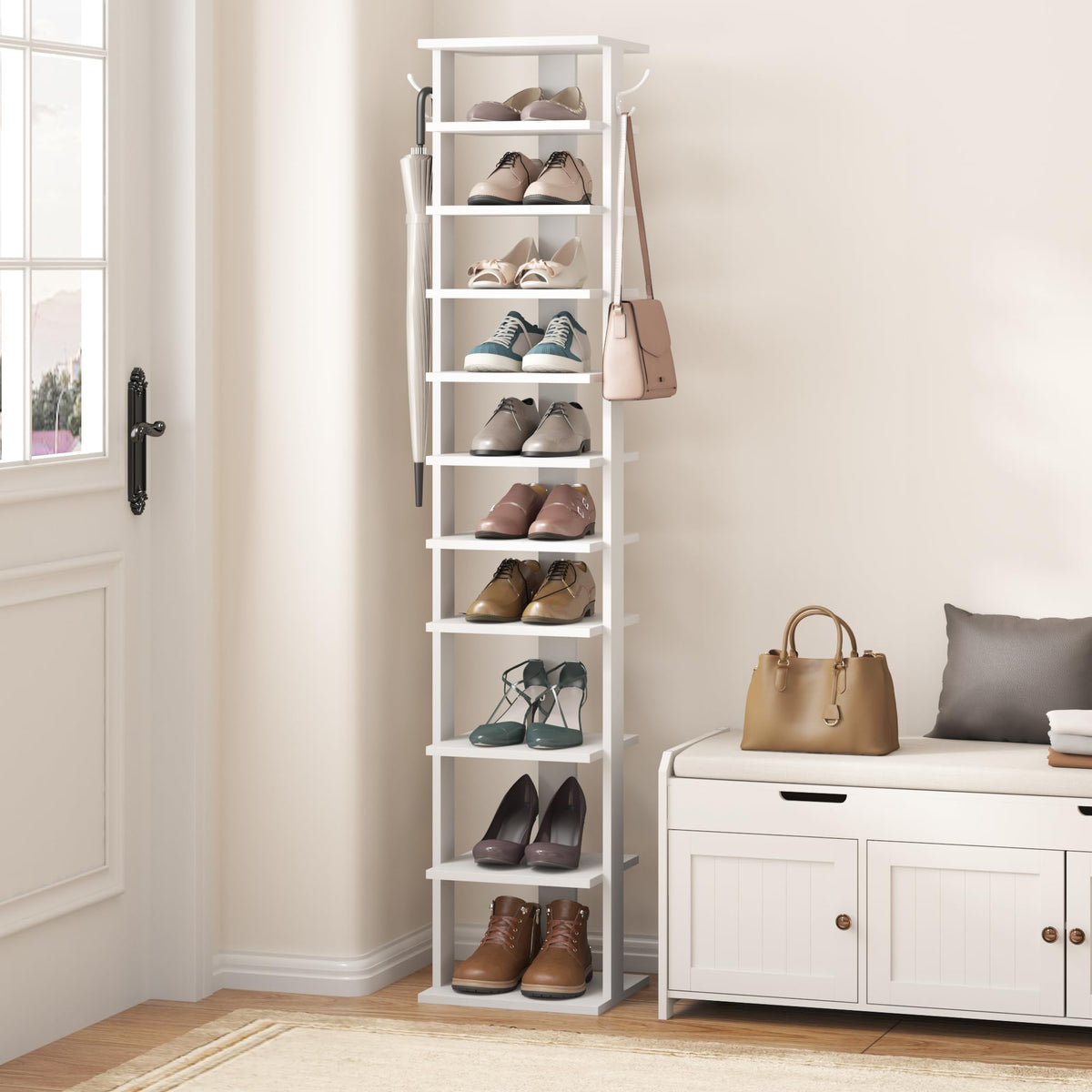 HOME BI 11-Tier Vertical Shoe Rack, Corner Shoe Tower, Slim Shoe Organizer with Two Hanging Hooks, Wooden Shoe Storage Stand for Entryway, Hallway - image 2