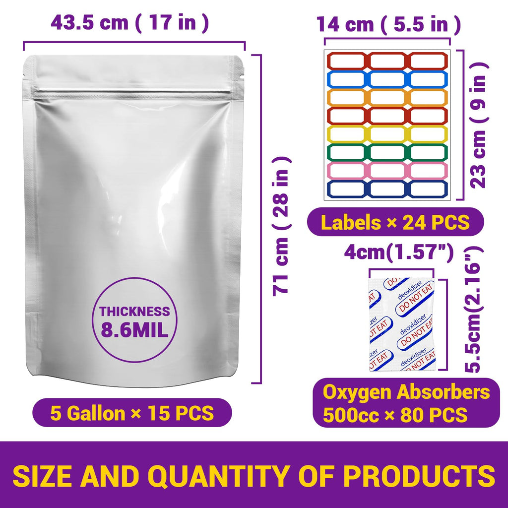 Midukit 5 Gallon Mylar Bags for Food Storage with Oxygen Absorbers – 15 Pack