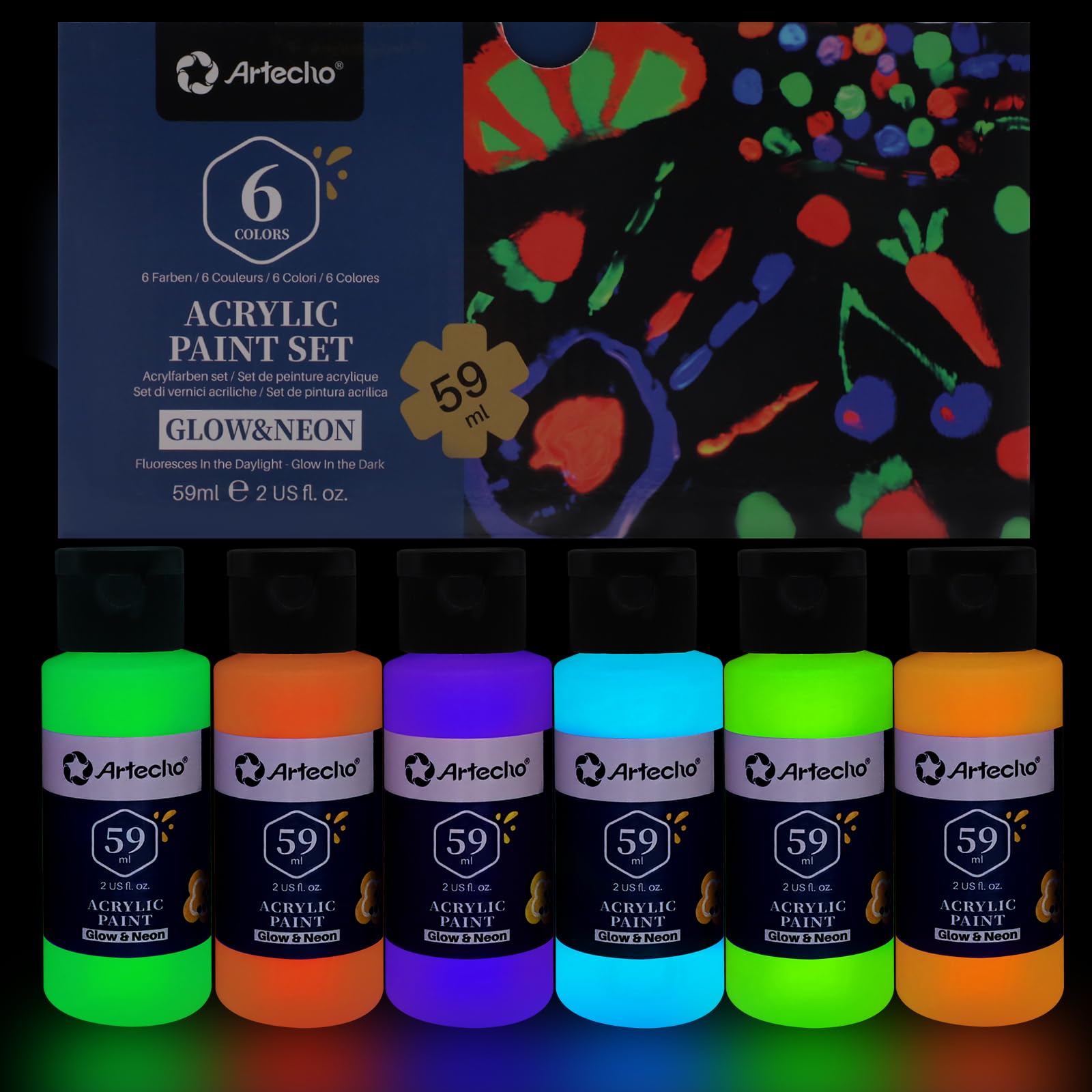 Artecho Glow in the Dark Acrylic Paint Set – 6 Neon Colors for Wood & Fabric
