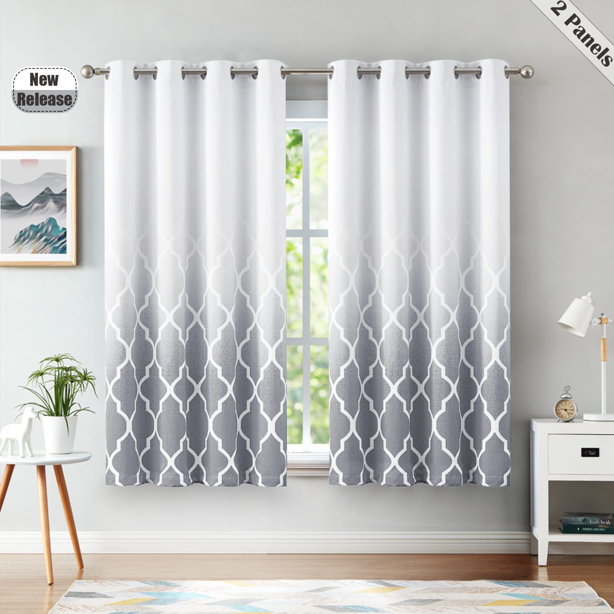Beauoop Grey Ombre Blackout Curtains – Geometric Thermal Eyelet Drapes