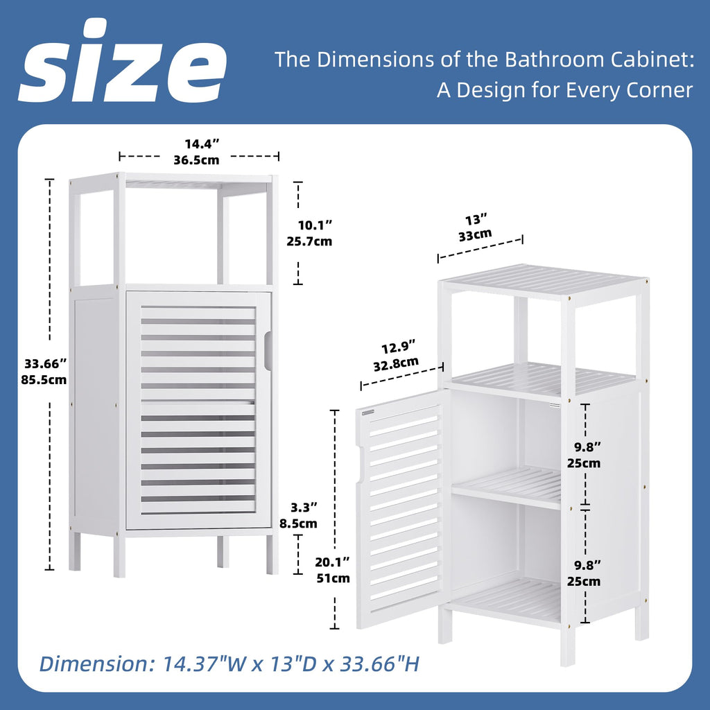 HITNET 4-Tier Bamboo Bathroom Storage Cabinet | Slim White Floor Organizer