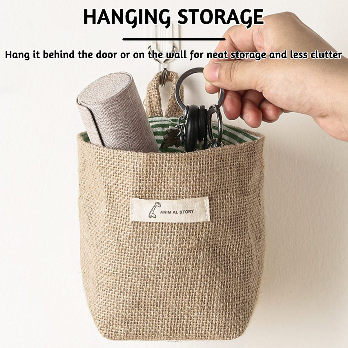 Fahibin Cotton Linen Storage Basket Bag,3pcs Hanging Small Foldable Storage Basket Bag with Handle, Foldable Organizer Decorative Bag for Toys, Keys - image 5