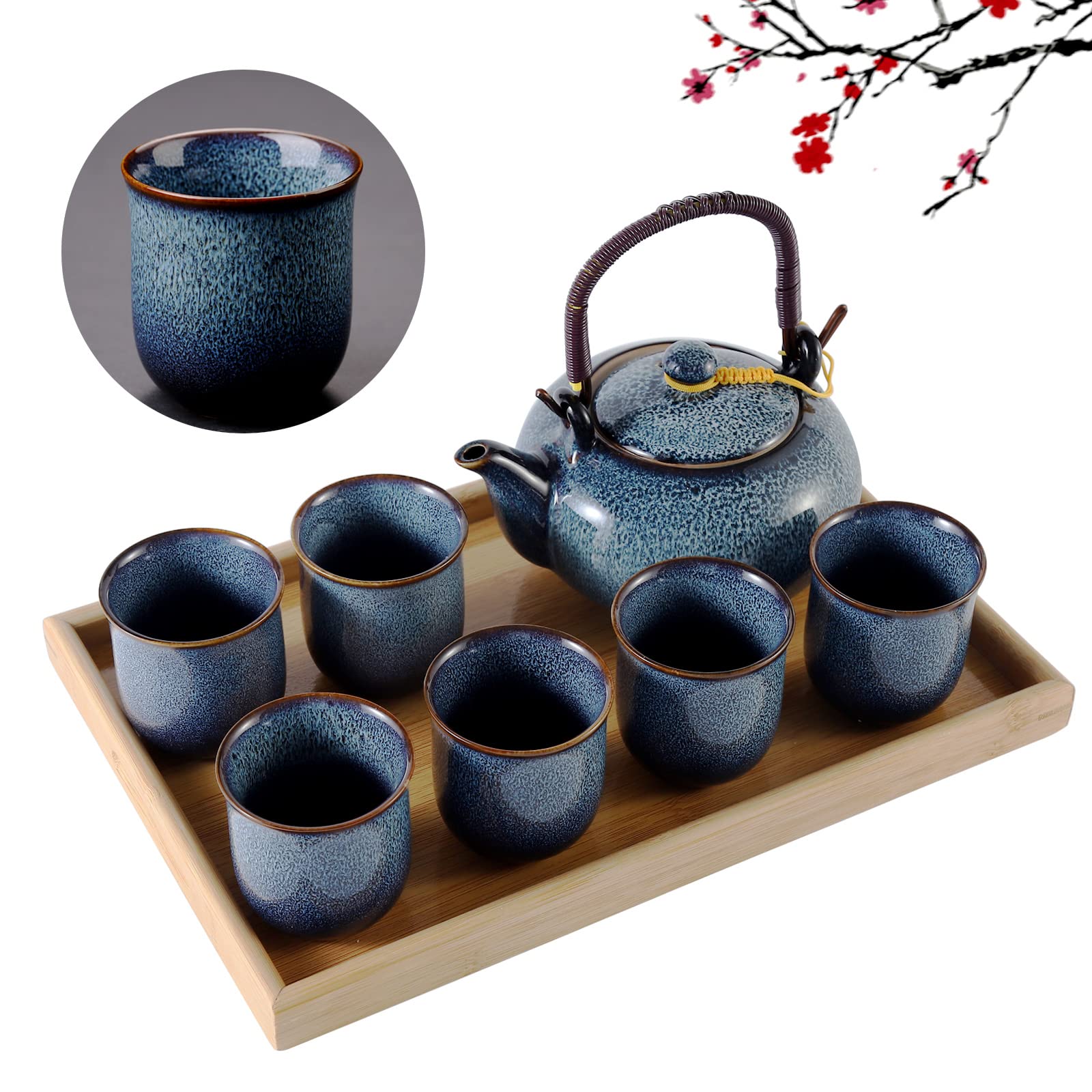 DUJUST Japanese Tea Set for 6 | Kiln Glaze Porcelain Teapot with Bamboo Tray