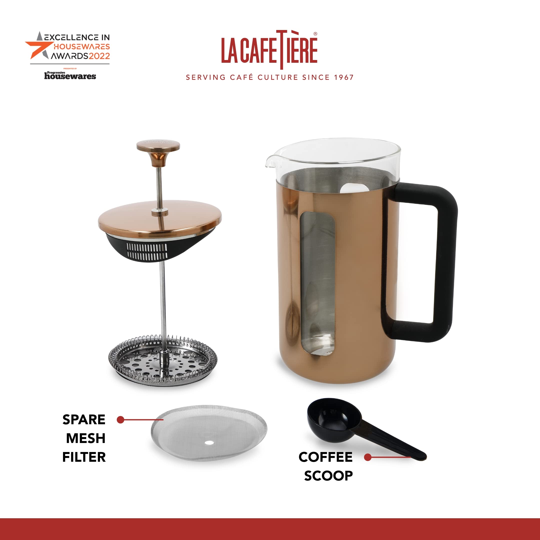 La Cafetière Pisa French Press | 8-Cup Copper Stainless Steel Cafetière