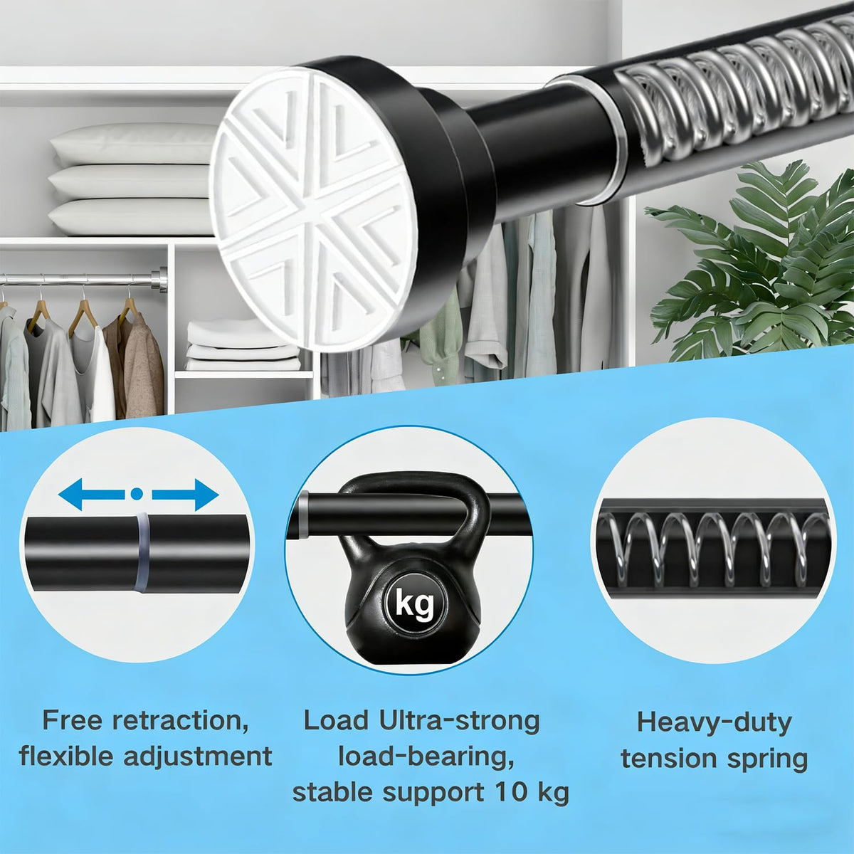 Shower Curtain Pole Extendable Tension Rod No Drill Curtain Pole Shower Curtain Rail Extendable Pole for Bathroom, Window, Door, Closet