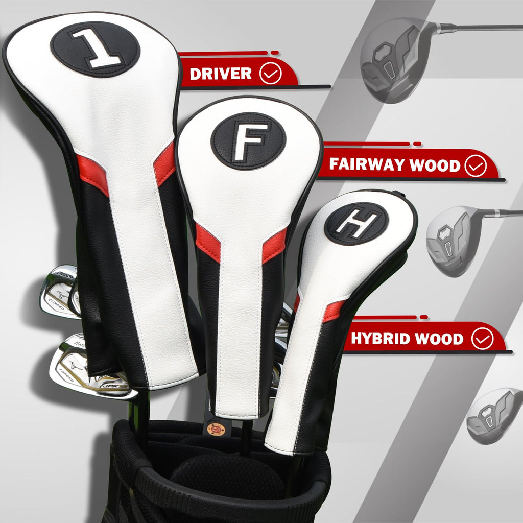 Jolof Store Golf Club Head Covers 3-Pack | PU Leather Driver Fairway Hybrid