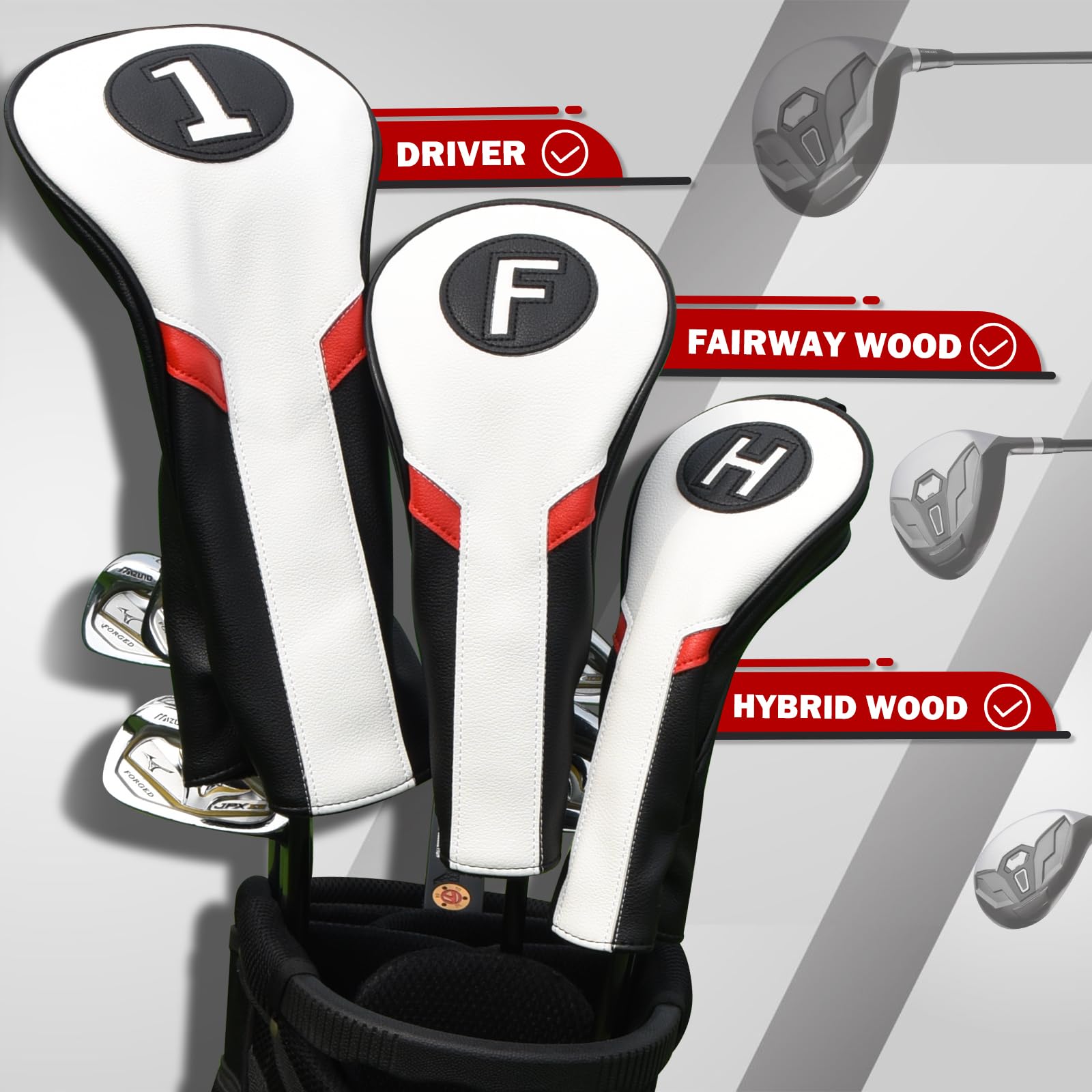 Jolof Store Golf Club Head Covers 3-Pack | PU Leather Driver Fairway Hybrid